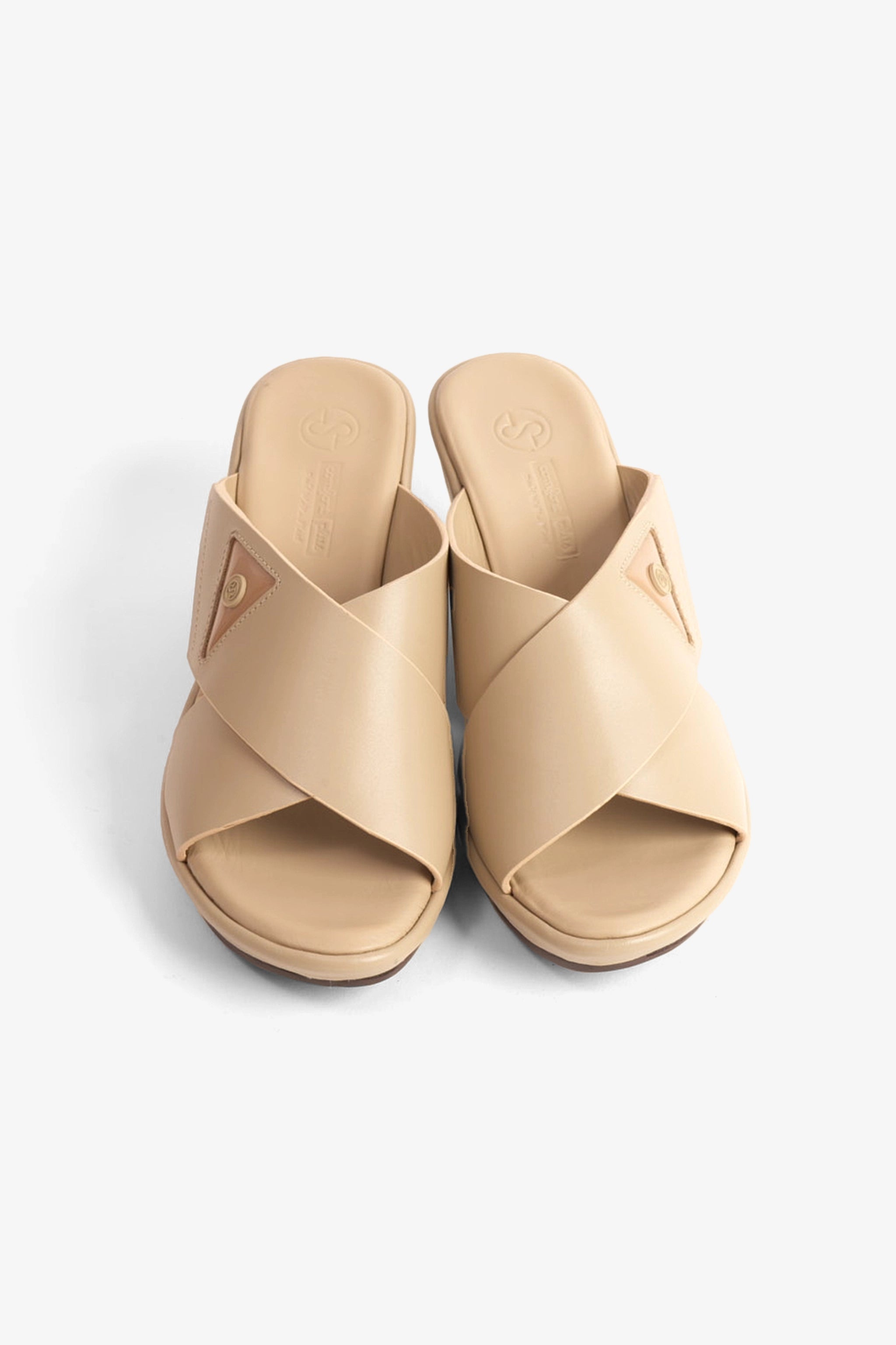COMFORT PLUS LEATHER CROSS-STRAP WOMENS SLIDE SANDALS BEIGE - Seventy7