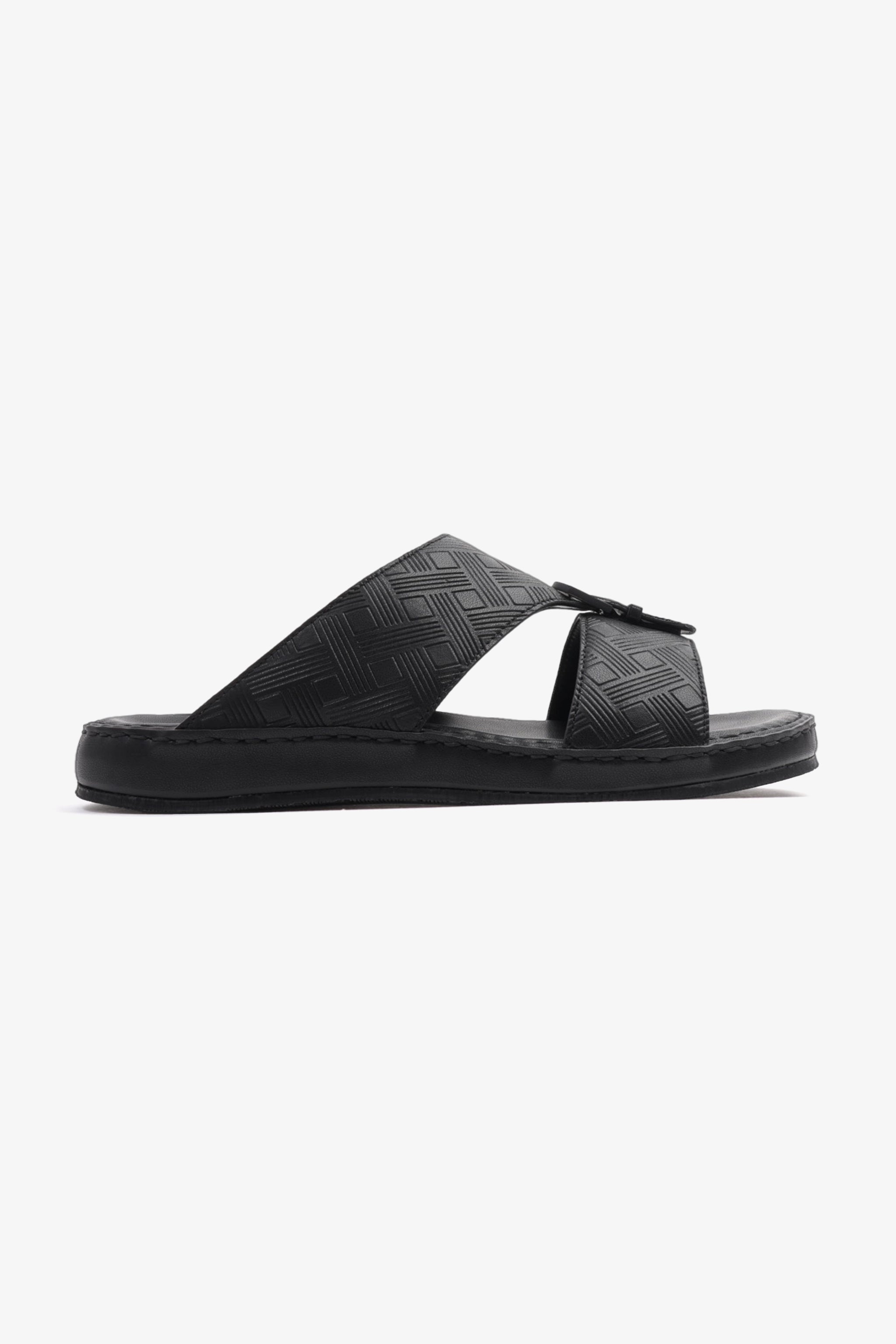 COMFORT PLUS EMBOSSED LEATHER HANDSTITCHED ARABIC SANDALS BLACK - Seventy7