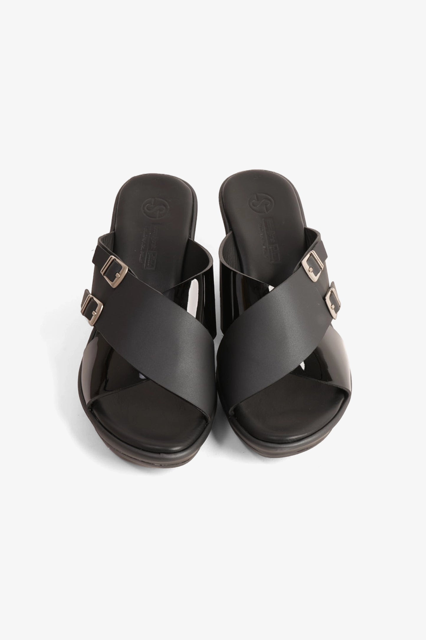 COMFORT PLUS WEDGE MULES WITH DOUBLE BUCKLE BLACK - Seventy7