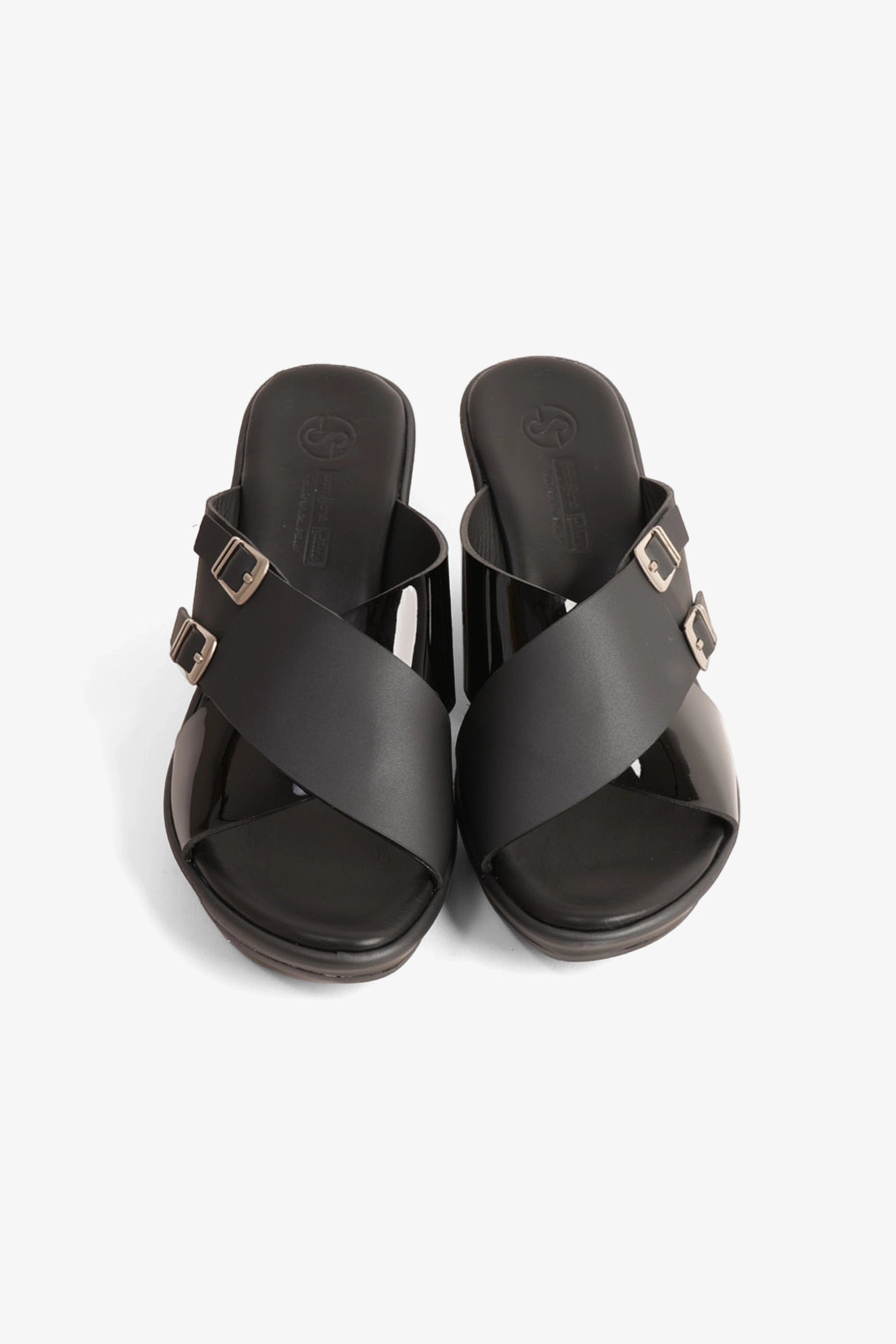 COMFORT PLUS WEDGE MULES WITH DOUBLE BUCKLE BLACK - Seventy7