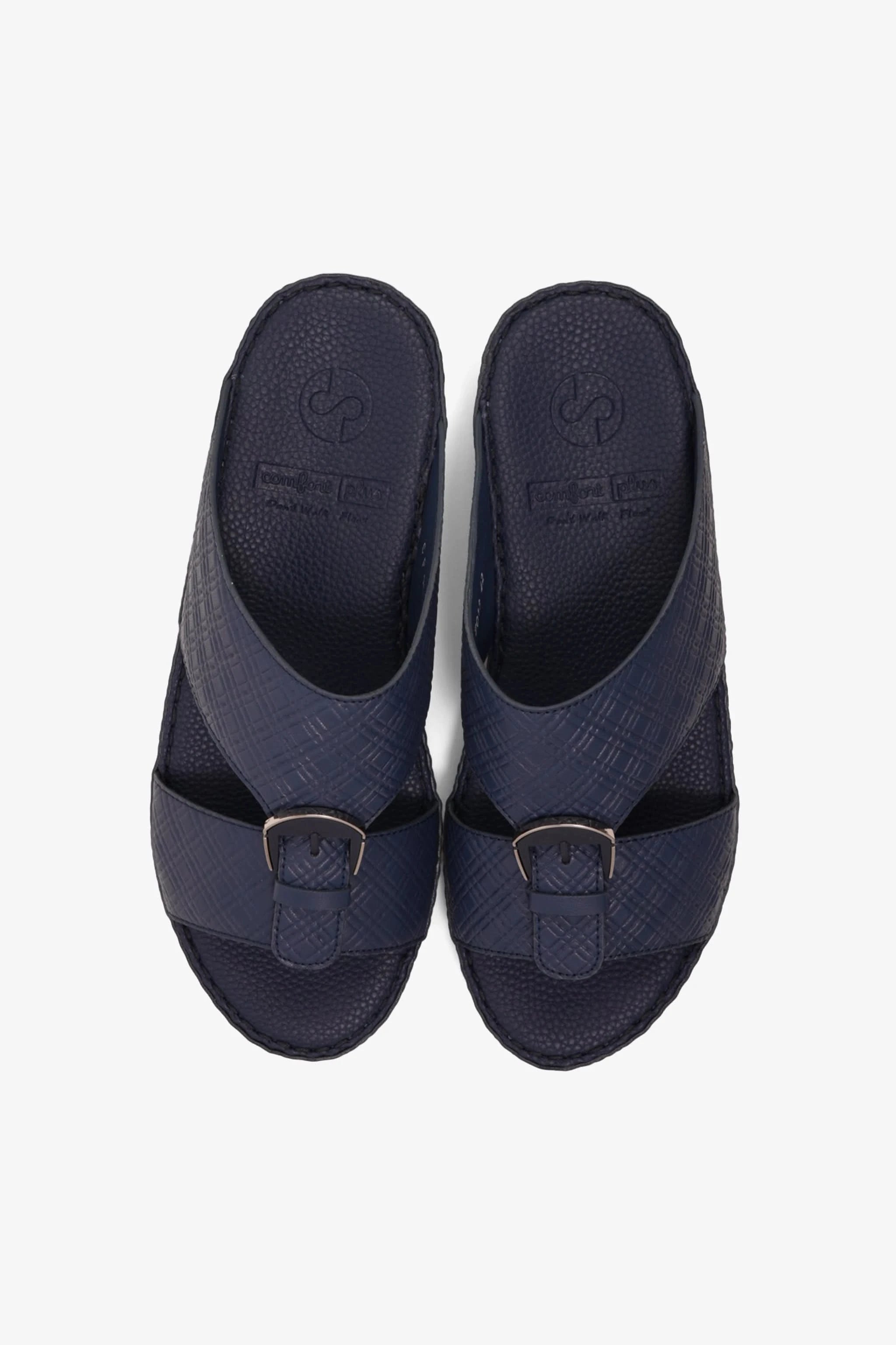 COMFORT PLUS MEN'S CUSHIONED LEATHER SLIP-ON SANDALS NAVY - Seventy7