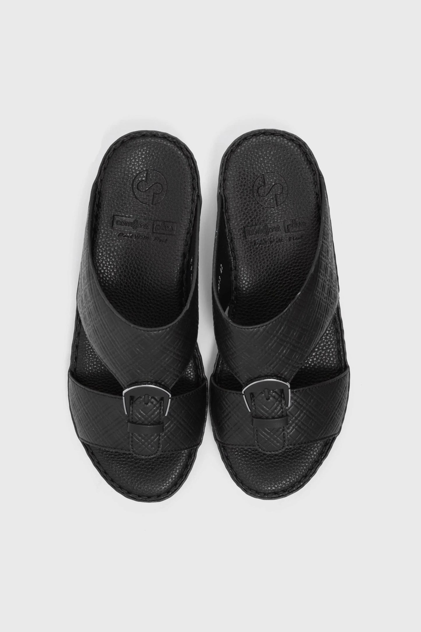 COMFORT PLUS MEN'S CUSHIONED LEATHER SLIP-ON SANDALS BLACK - Seventy7