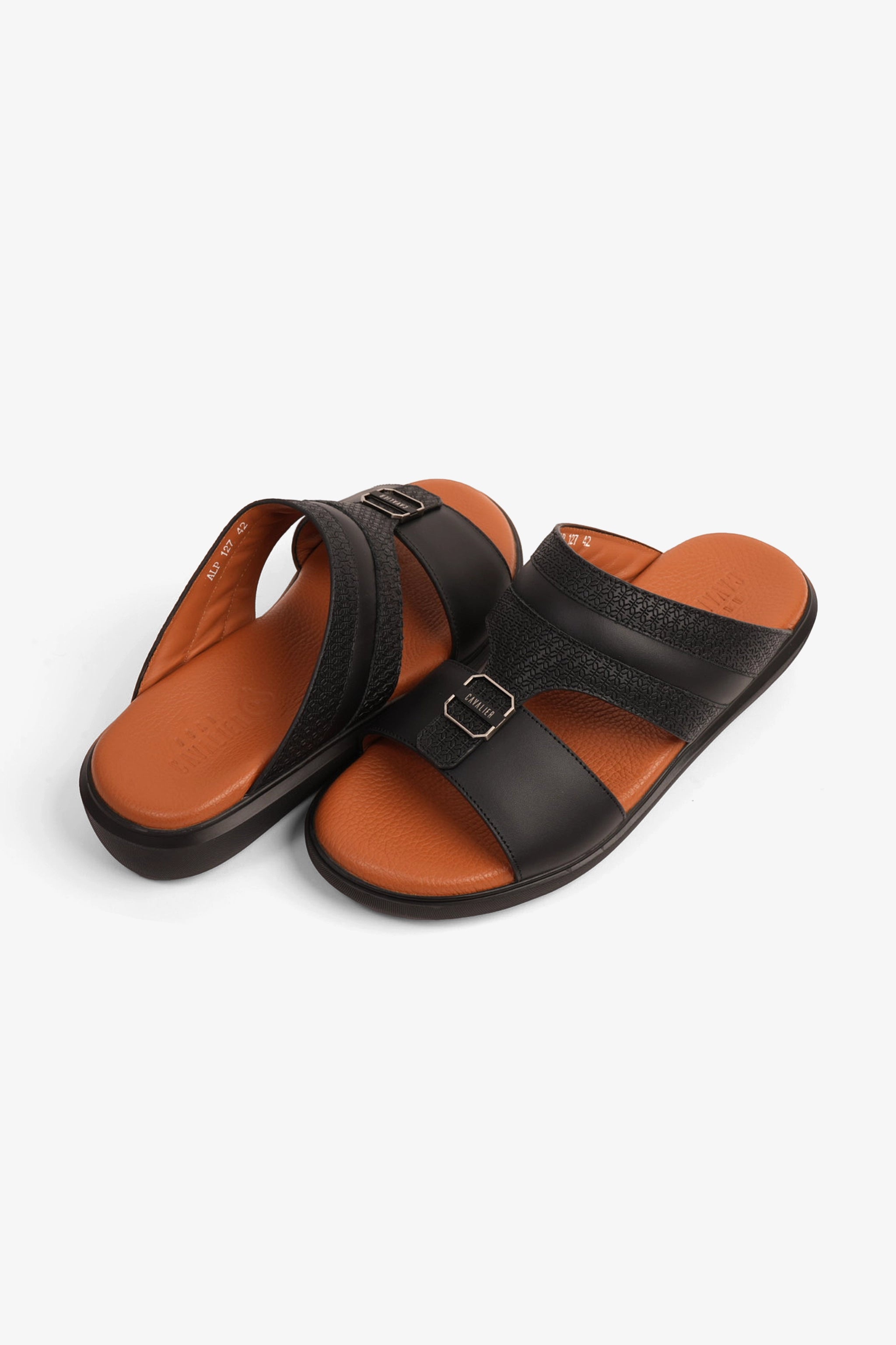 UOMO CAVALIER MEN'S LEATHER TEXTURED SANDALS BLACK - Seventy7