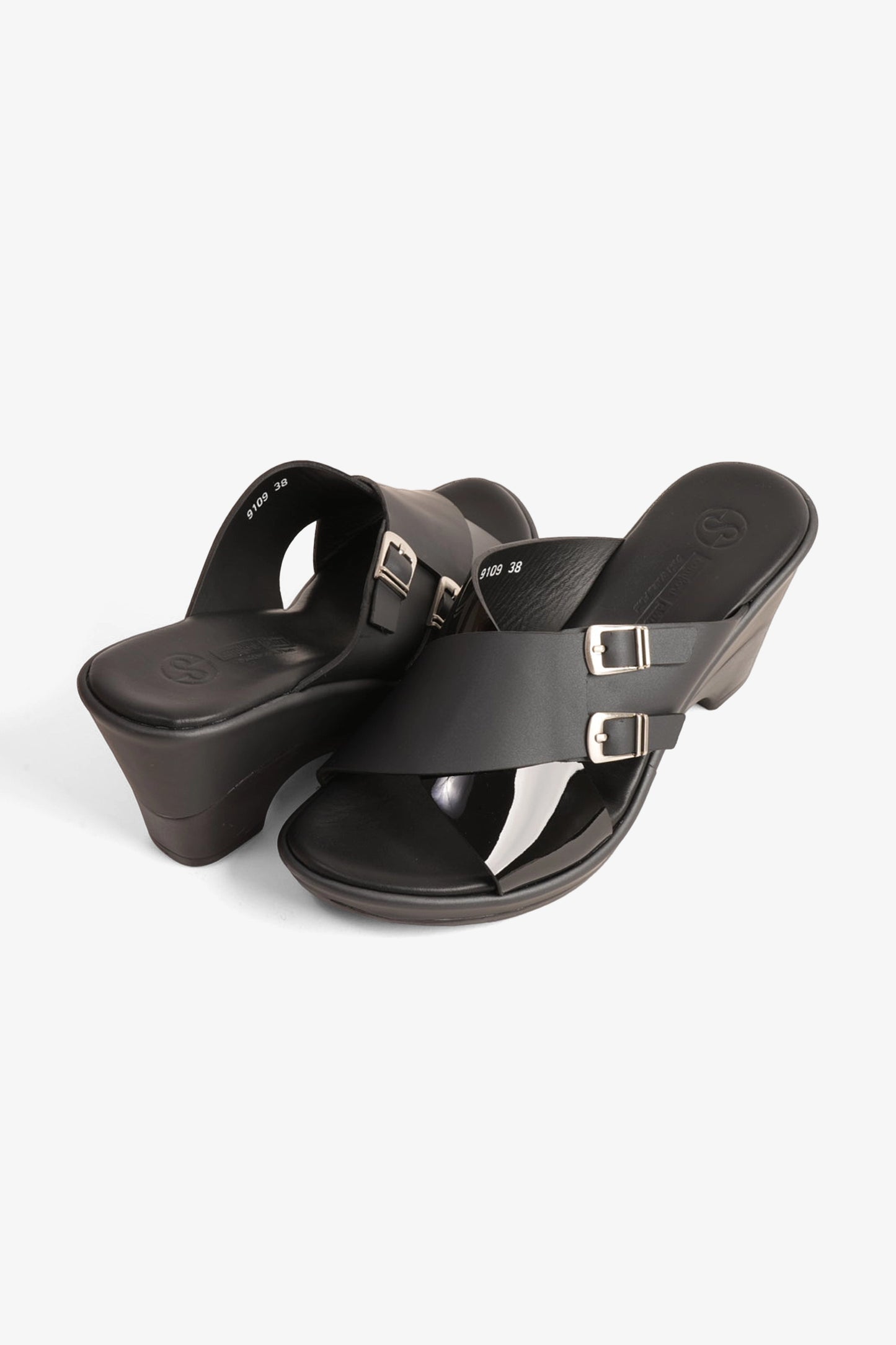 COMFORT PLUS WEDGE MULES WITH DOUBLE BUCKLE BLACK - Seventy7