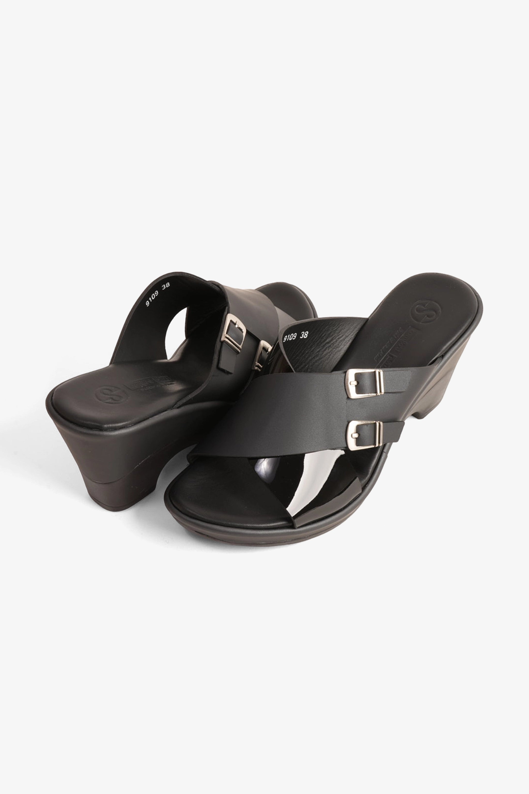 COMFORT PLUS WEDGE MULES WITH DOUBLE BUCKLE BLACK - Seventy7
