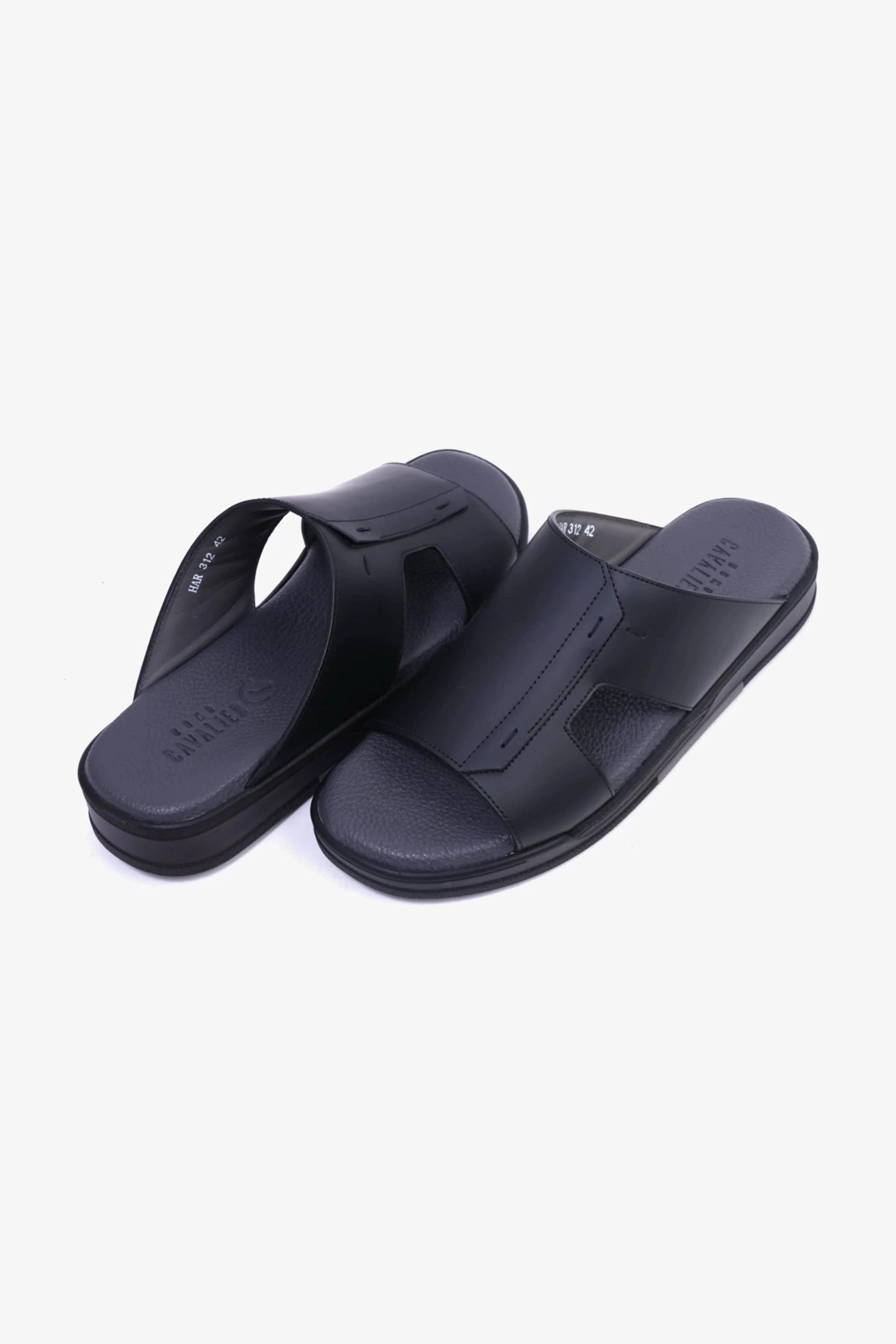 UOMO CAVALIER Men's Leather Slide Sandals with Cushioned Footbed Black - Seventy7