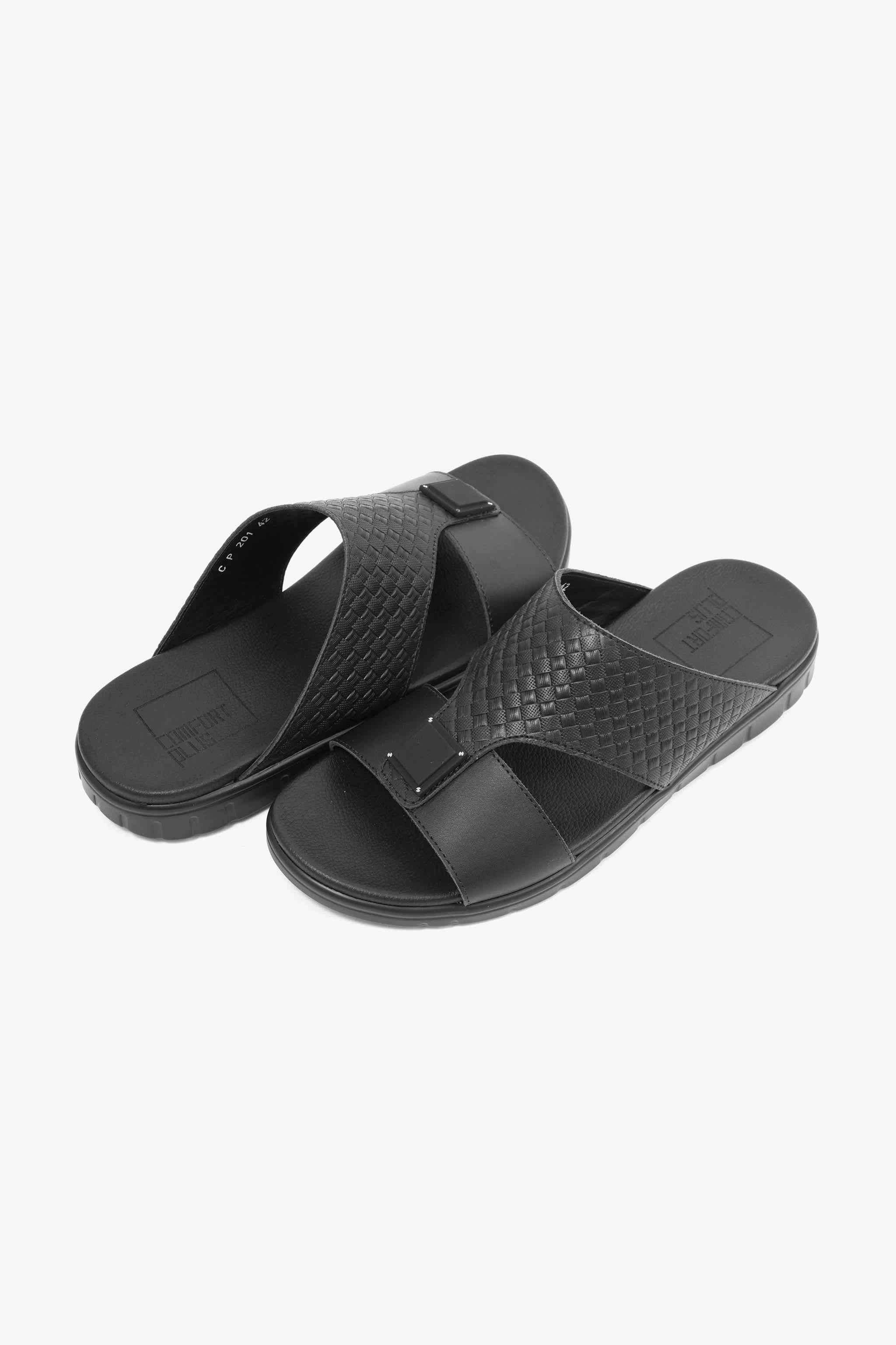 Comfort Plus Men's Embossed Leather Sandals with Antiskid Grip Black - Seventy7