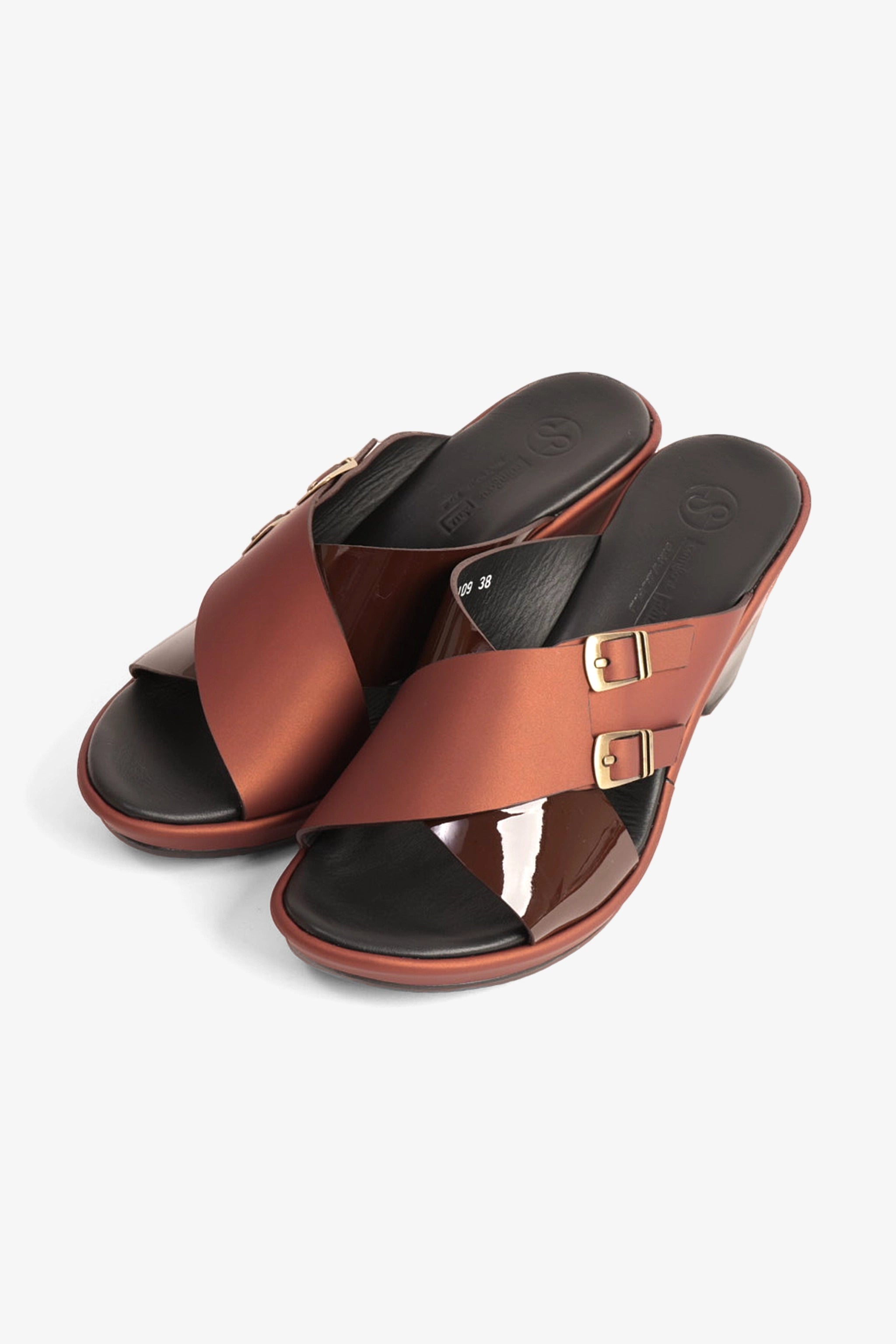 COMFORT PLUS WEDGE MULES WITH DOUBLE BUCKLE MAROON - Seventy7