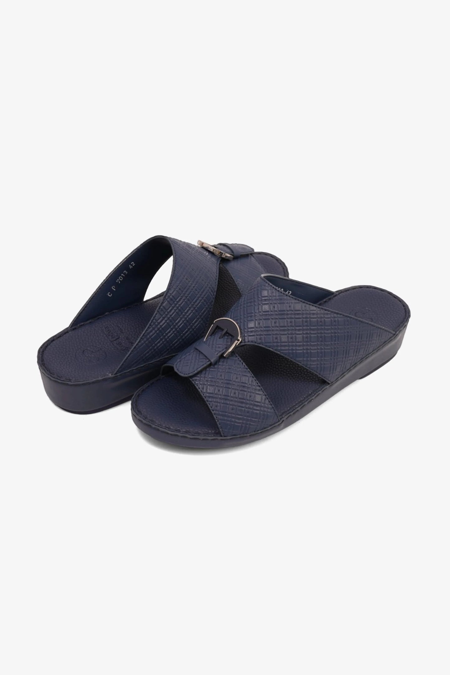 COMFORT PLUS MEN'S CUSHIONED LEATHER SLIP-ON SANDALS NAVY - Seventy7