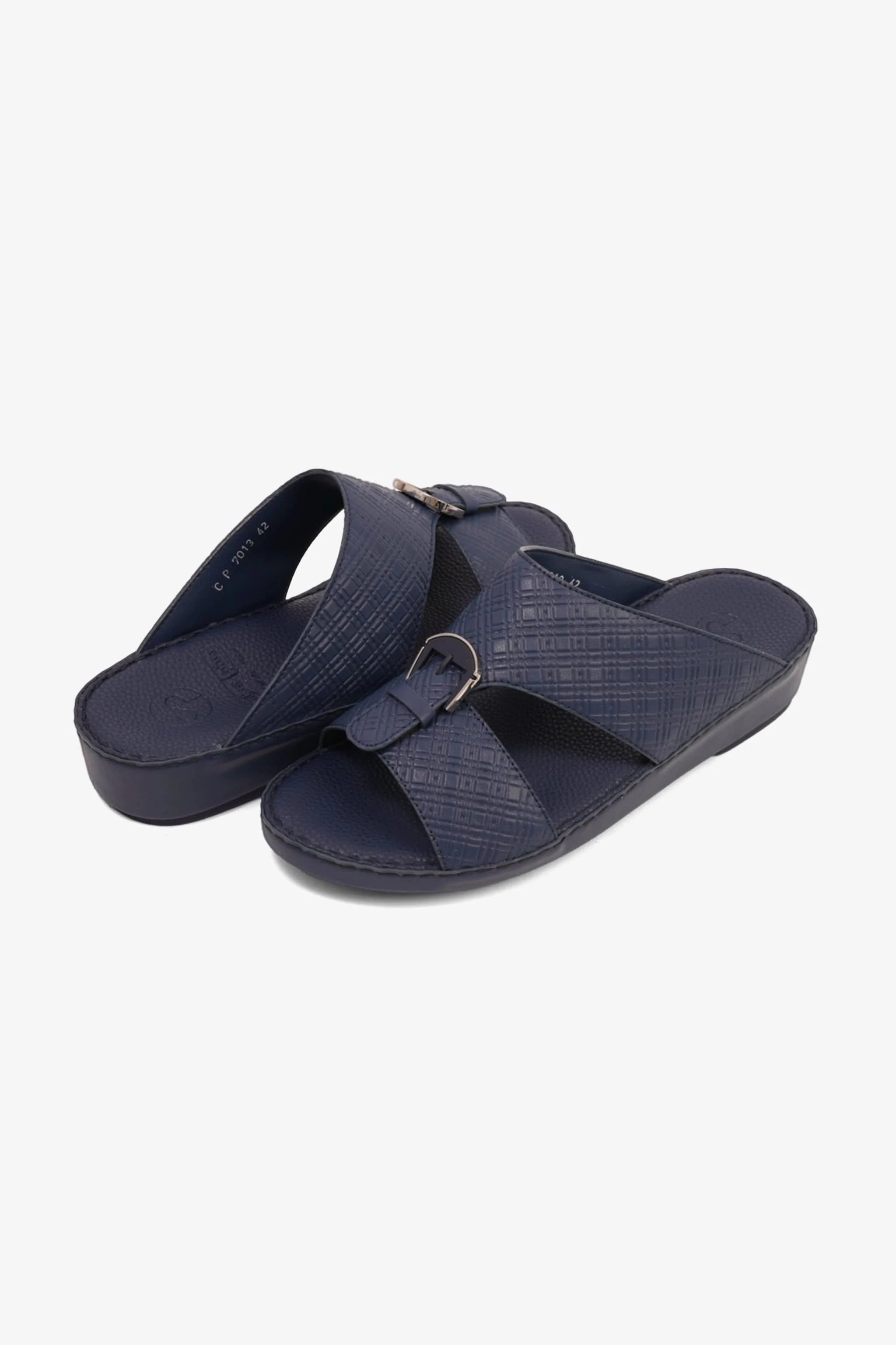 COMFORT PLUS MEN'S CUSHIONED LEATHER SLIP-ON SANDALS NAVY - Seventy7