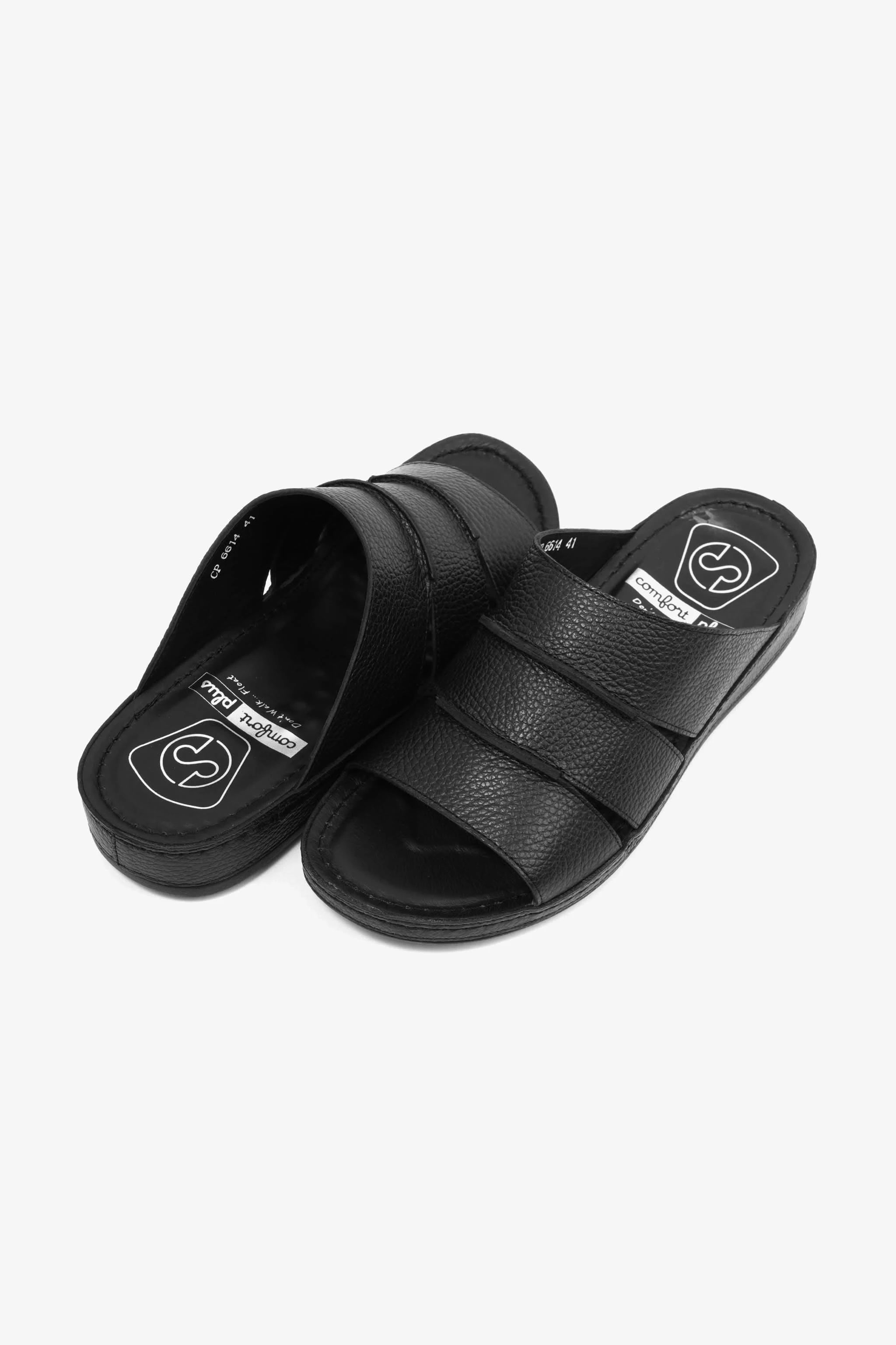 COMFORT PLUS MEN'S LEATHER SLIDE SANDAL BLACK - Seventy7