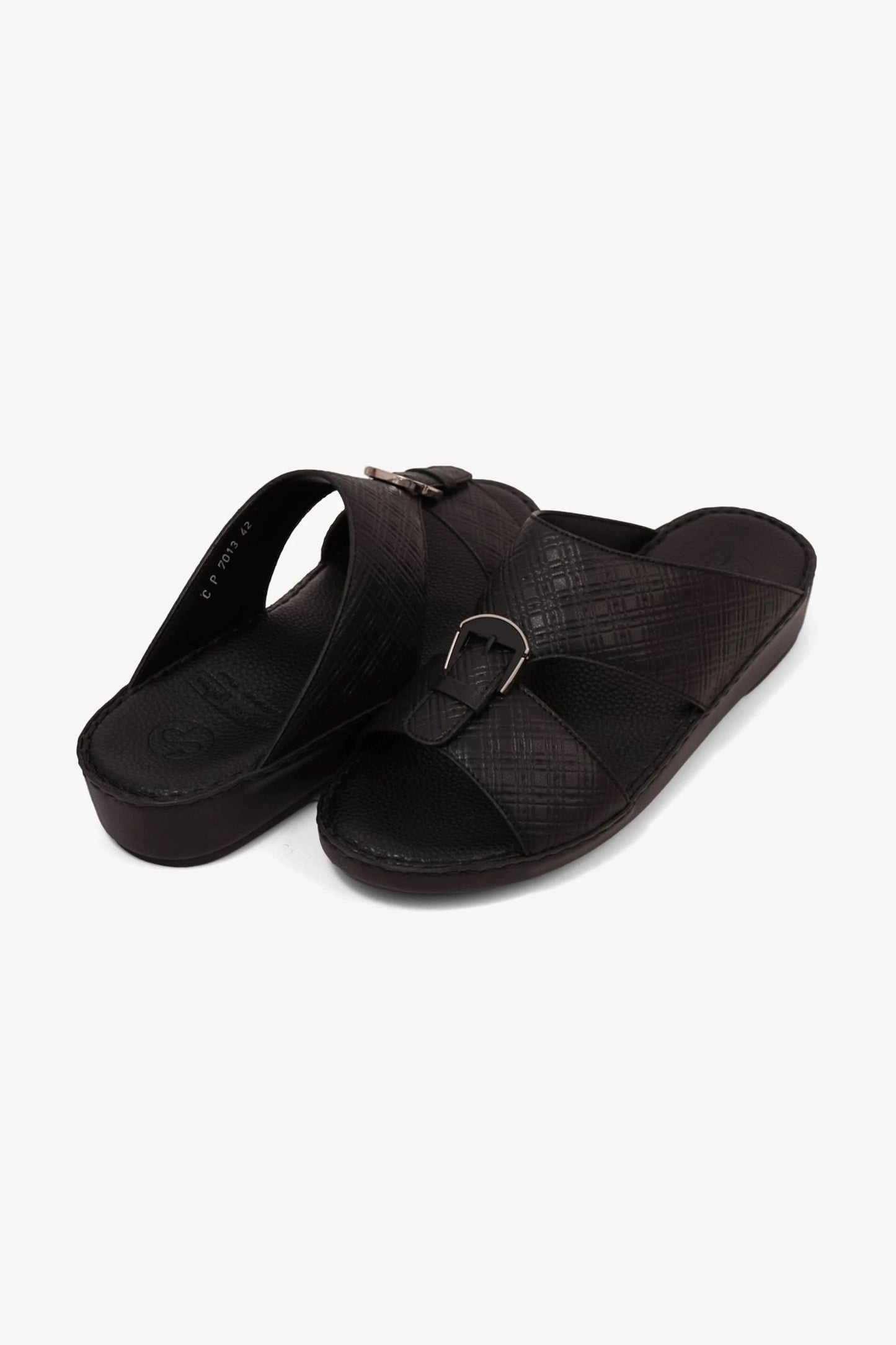 COMFORT PLUS MEN'S CUSHIONED LEATHER SLIP-ON SANDALS BLACK - Seventy7