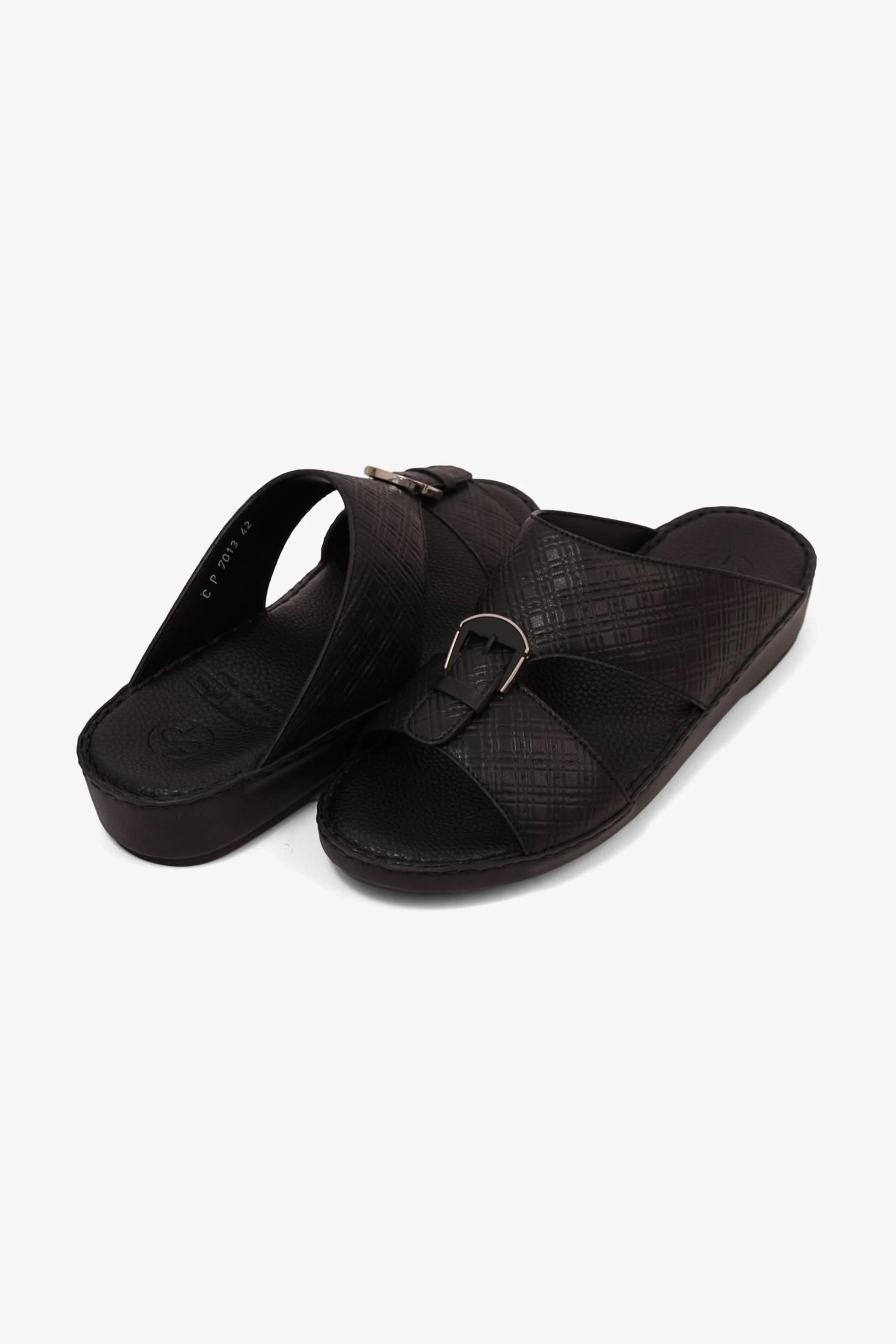 COMFORT PLUS MEN'S CUSHIONED LEATHER SLIP-ON SANDALS BLACK - Seventy7