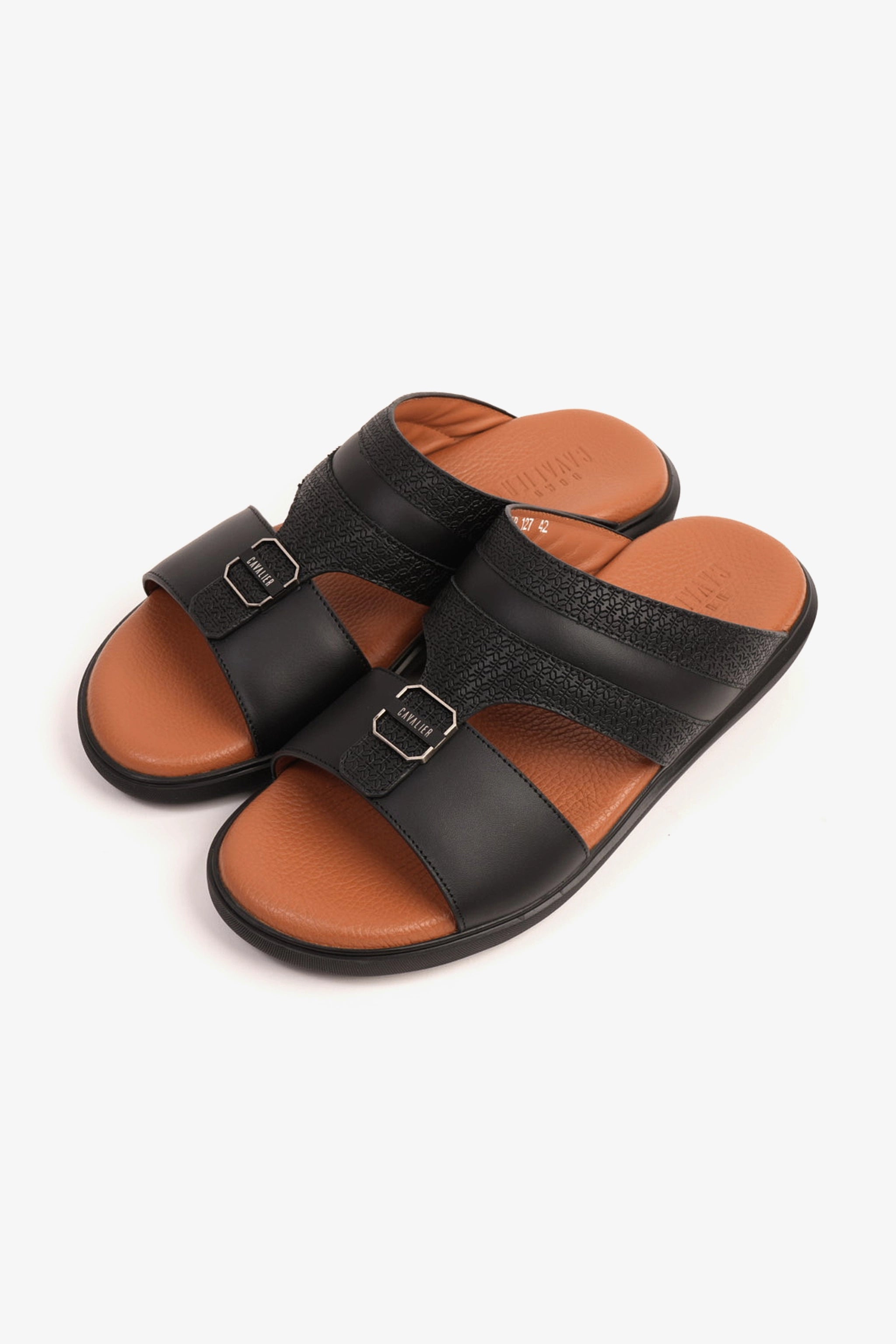 UOMO CAVALIER MEN'S LEATHER TEXTURED SANDALS BLACK - Seventy7