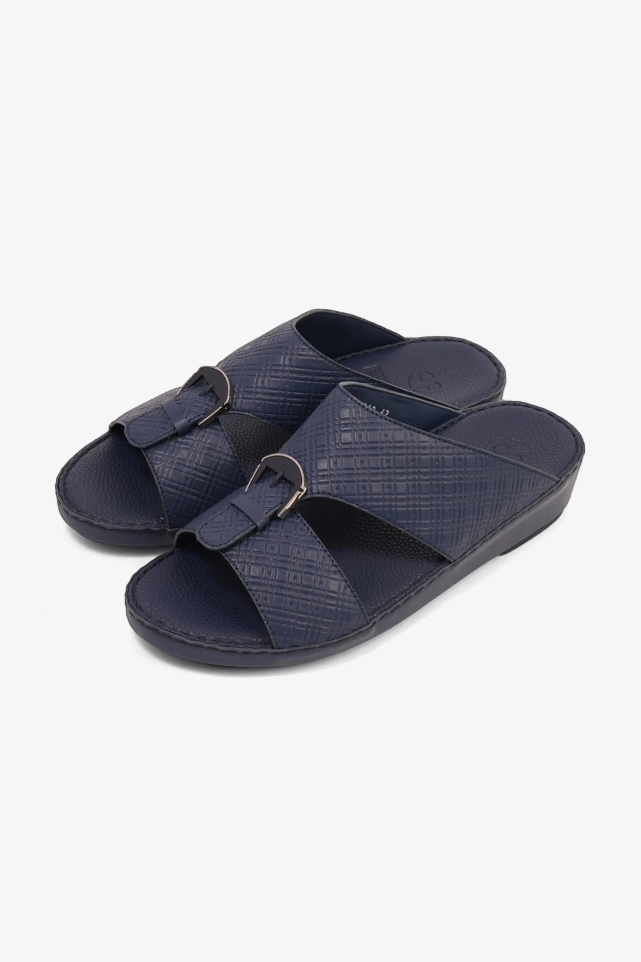 COMFORT PLUS MEN'S CUSHIONED LEATHER SLIP-ON SANDALS NAVY - Seventy7
