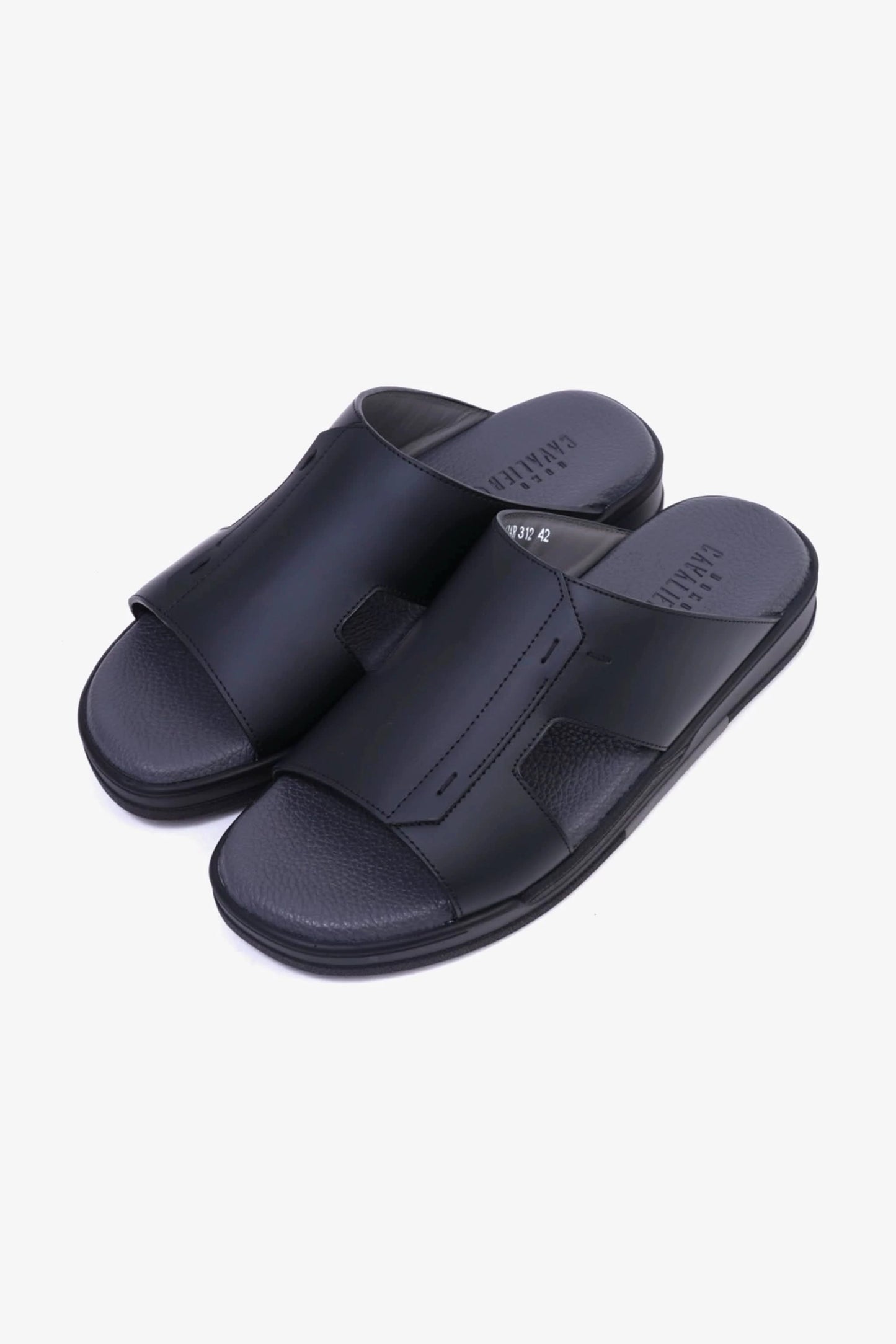 UOMO CAVALIER Men's Leather Slide Sandals with Cushioned Footbed Black - Seventy7