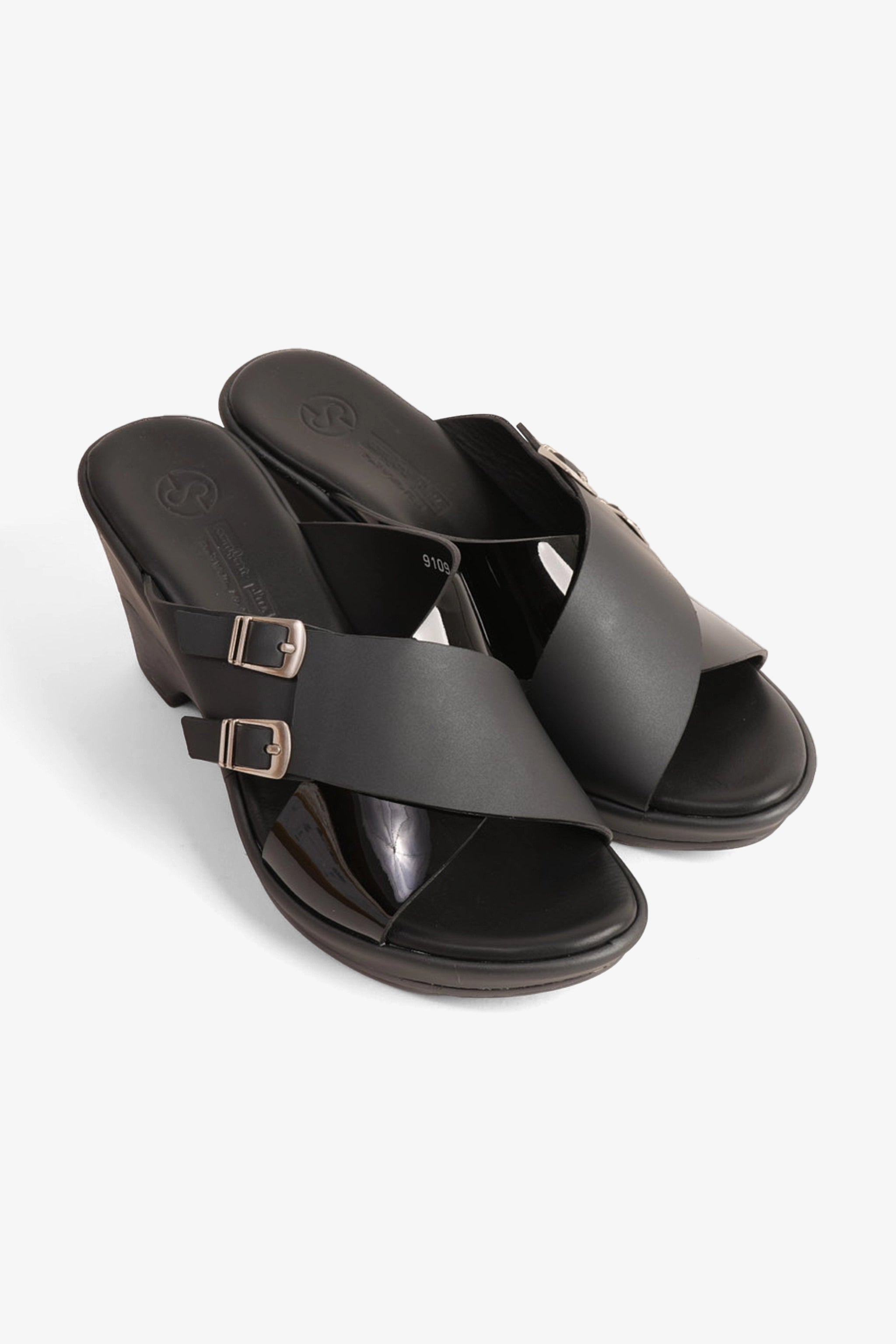 COMFORT PLUS WEDGE MULES WITH DOUBLE BUCKLE BLACK - Seventy7
