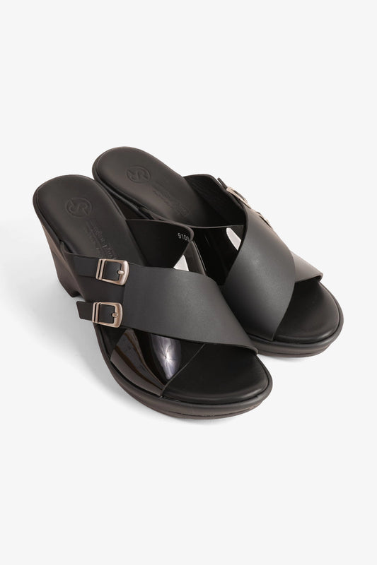 COMFORT PLUS WEDGE MULES WITH DOUBLE BUCKLE BLACK - Seventy7