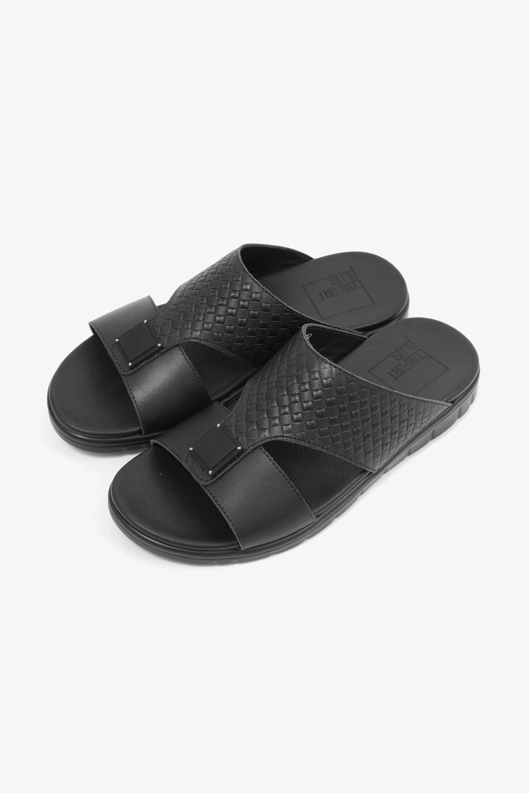 Comfort Plus Men's Embossed Leather Sandals with Antiskid Grip Black - Seventy7