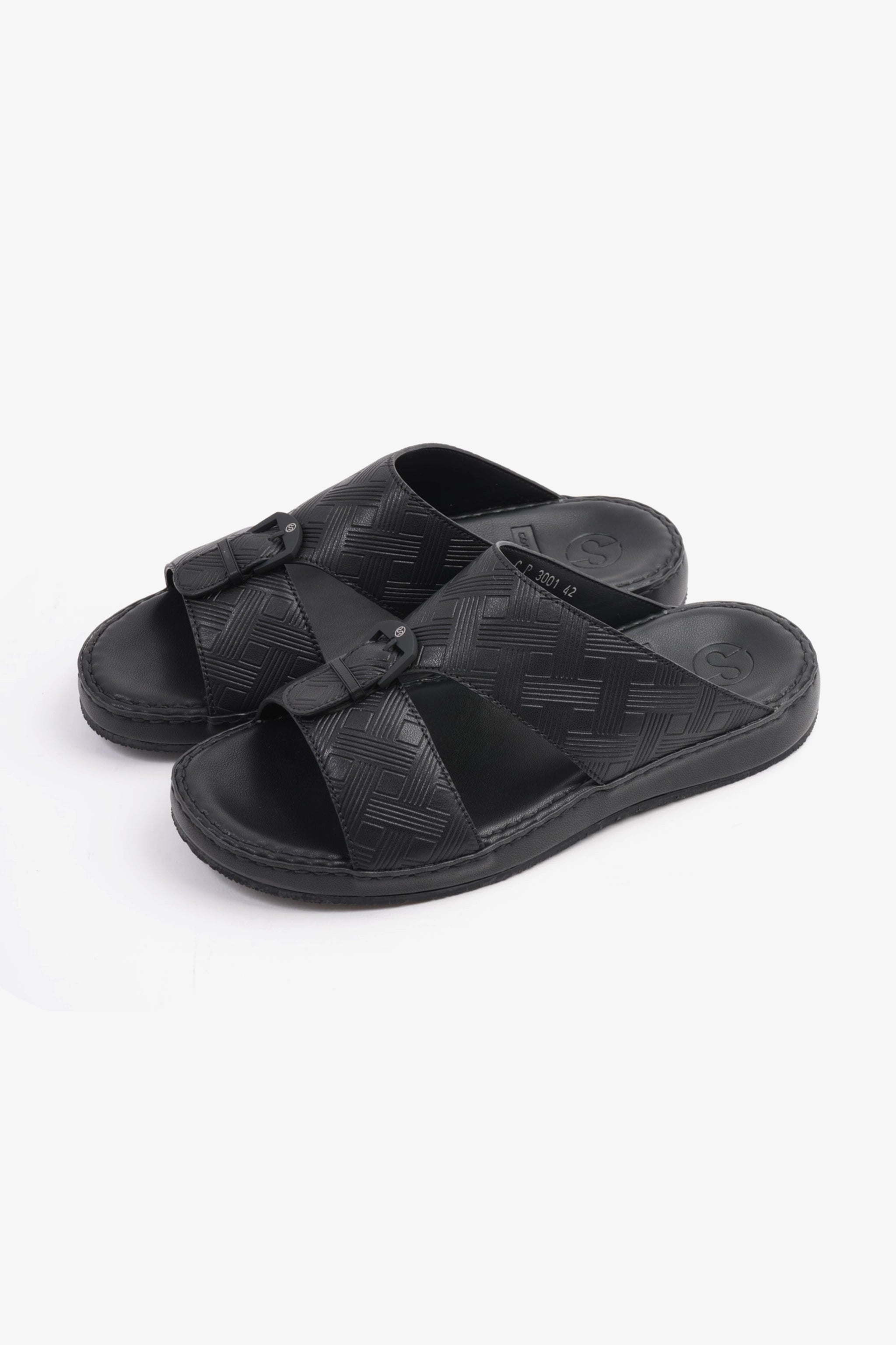 COMFORT PLUS EMBOSSED LEATHER HANDSTITCHED ARABIC SANDALS BLACK - Seventy7