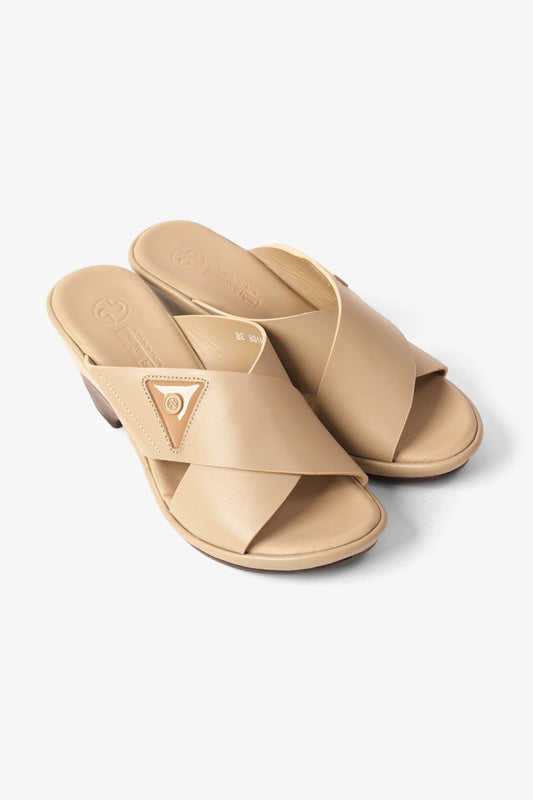 COMFORT PLUS LEATHER CROSS-STRAP WOMENS SLIDE SANDALS BEIGE - Seventy7