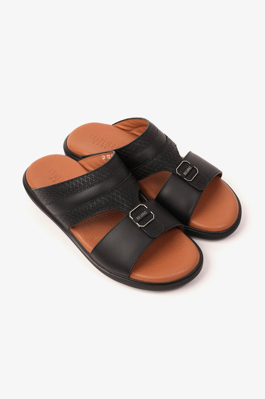 UOMO CAVALIER MEN'S LEATHER TEXTURED SANDALS BLACK - Seventy7