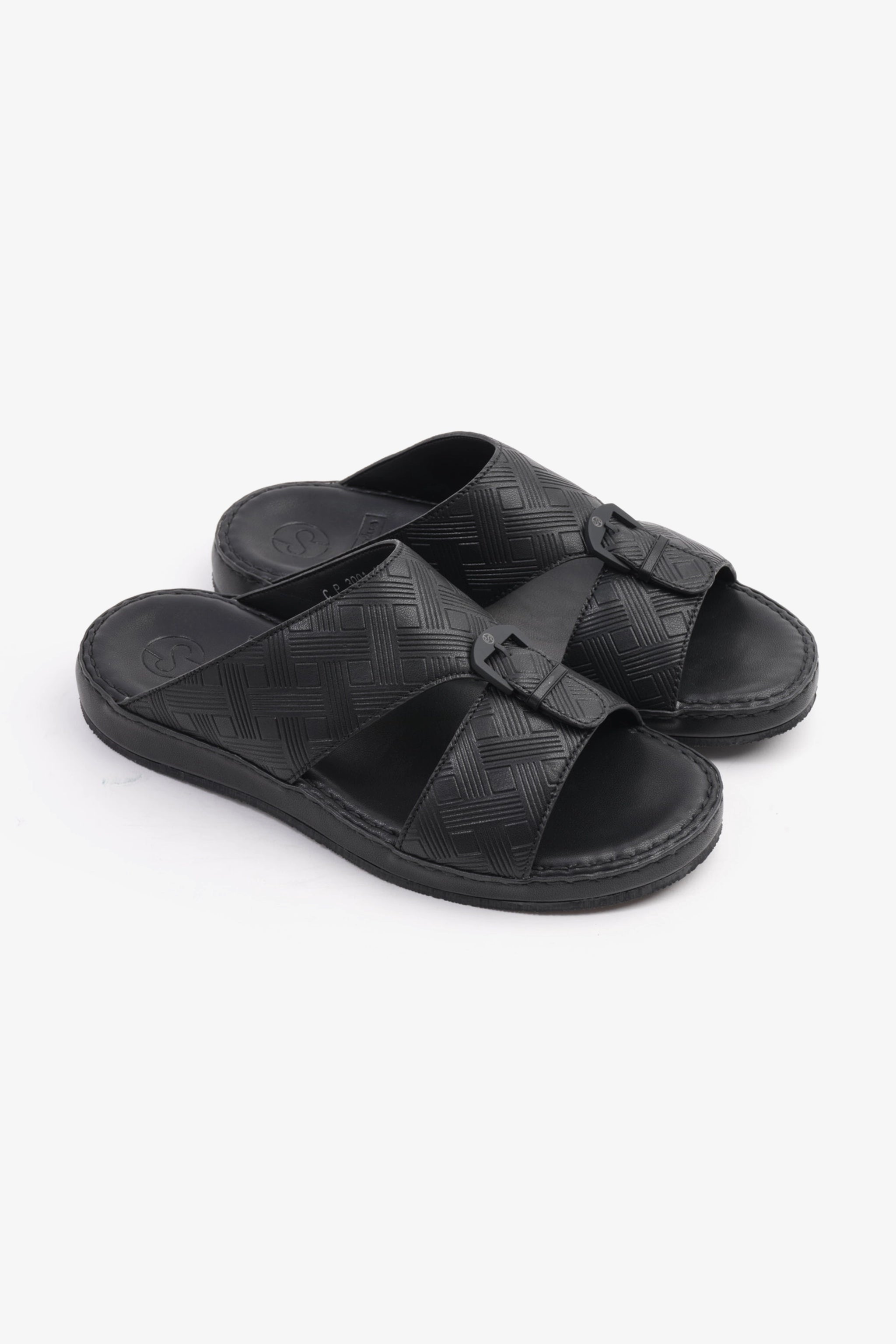 COMFORT PLUS EMBOSSED LEATHER HANDSTITCHED ARABIC SANDALS BLACK - Seventy7