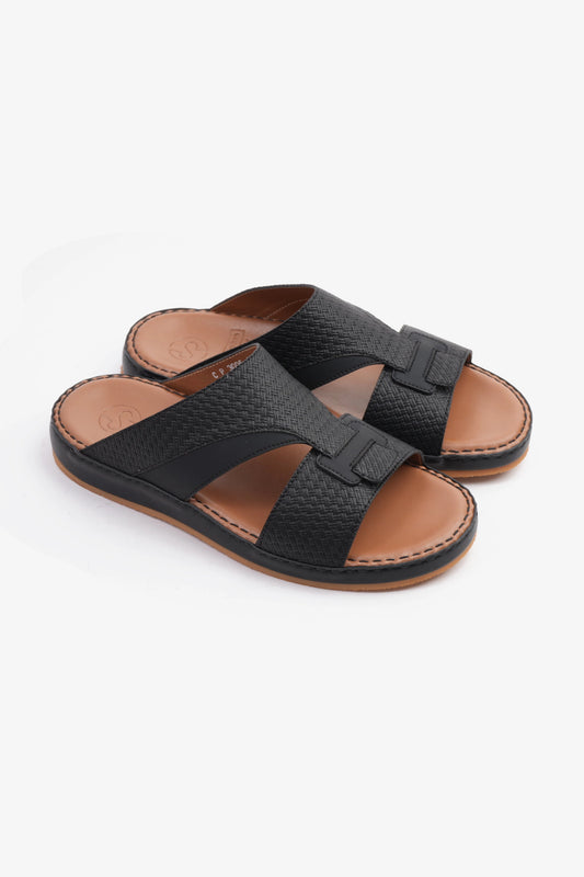 COMFORT PLUS MEN'S GENIUNE LEATHER COMFORTABLE FOOTBED SANDALS BLACK - Seventy7