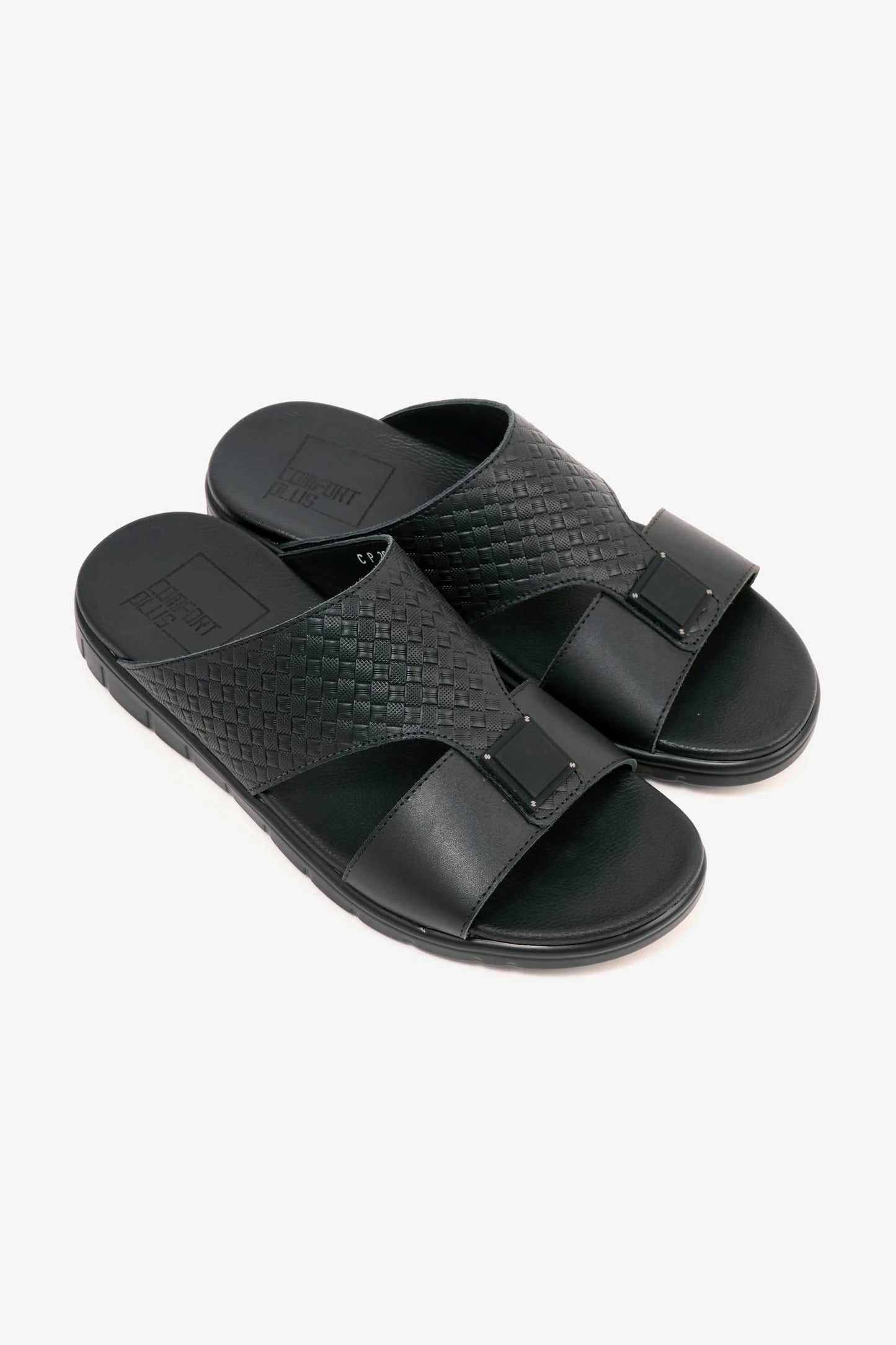 Comfort Plus Men's Embossed Leather Sandals with Antiskid Grip Black - Seventy7