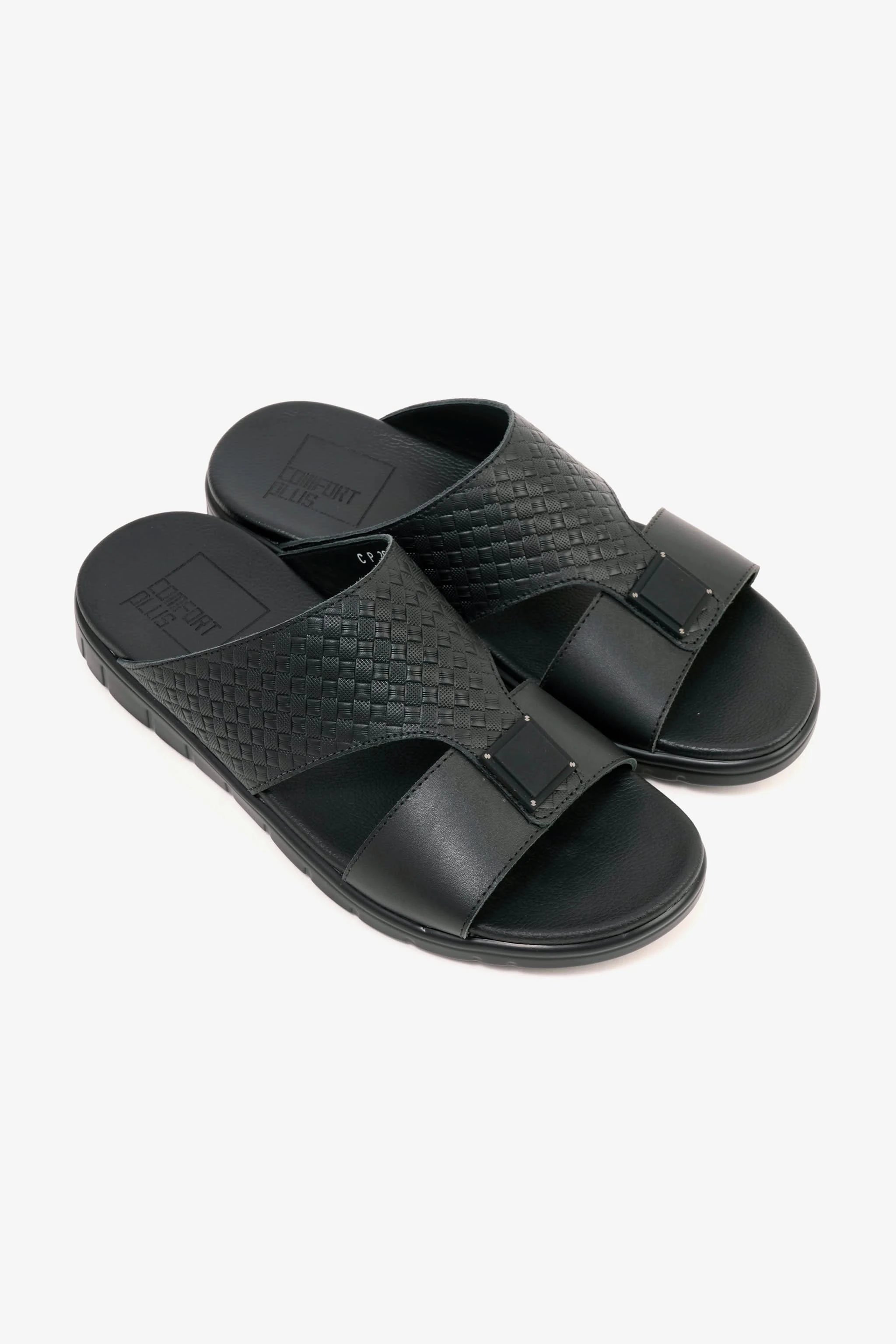 Comfort Plus Men's Embossed Leather Sandals with Antiskid Grip Black - Seventy7