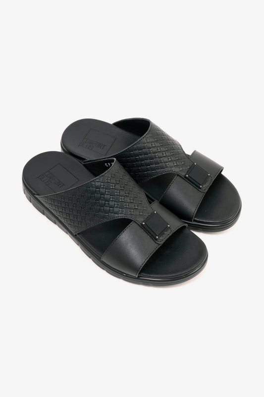 Comfort Plus Men's Embossed Leather Sandals with Antiskid Grip Black - Seventy7