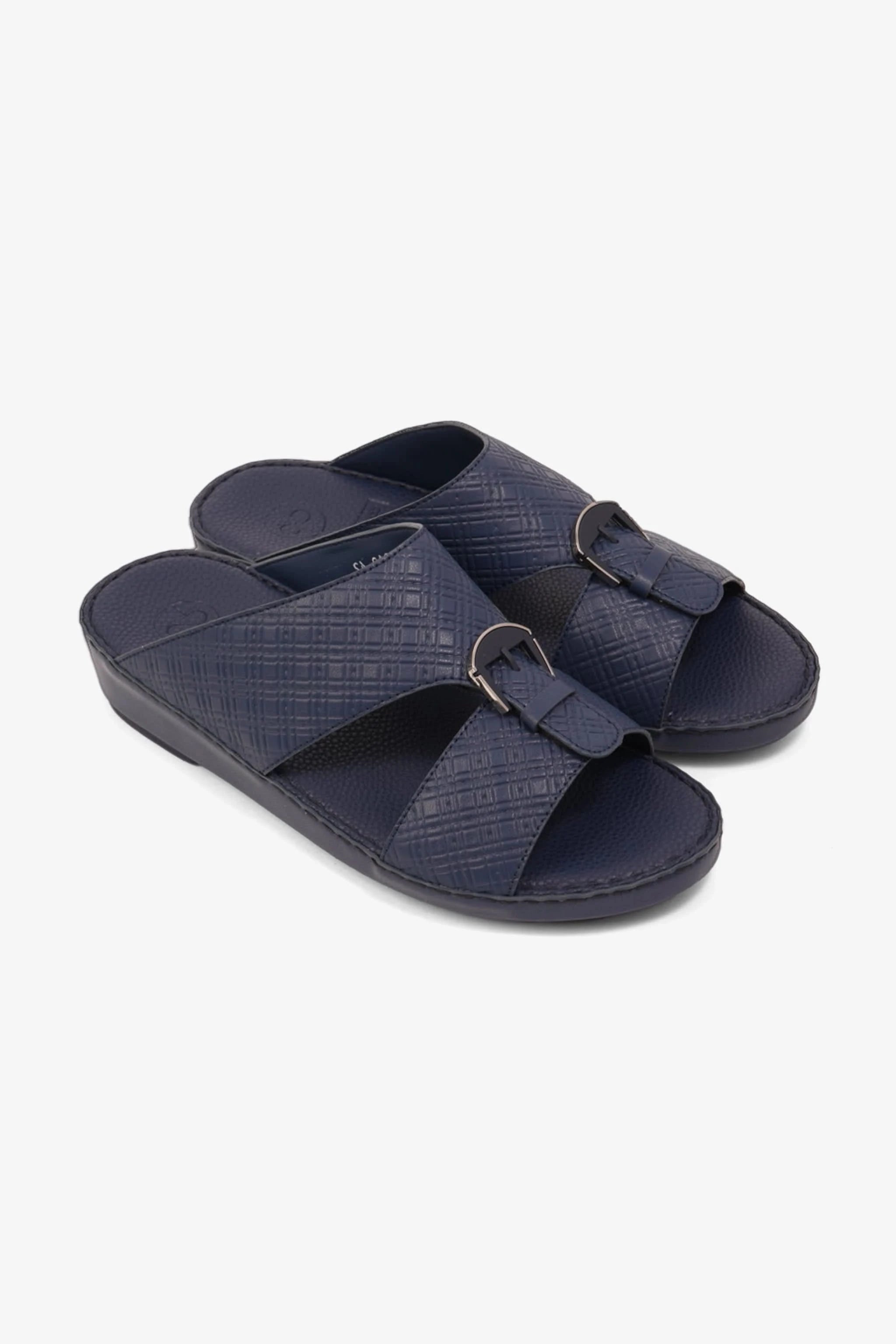 COMFORT PLUS MEN'S CUSHIONED LEATHER SLIP-ON SANDALS NAVY - Seventy7