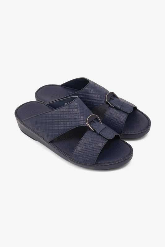 COMFORT PLUS MEN'S CUSHIONED LEATHER SLIP-ON SANDALS NAVY - Seventy7