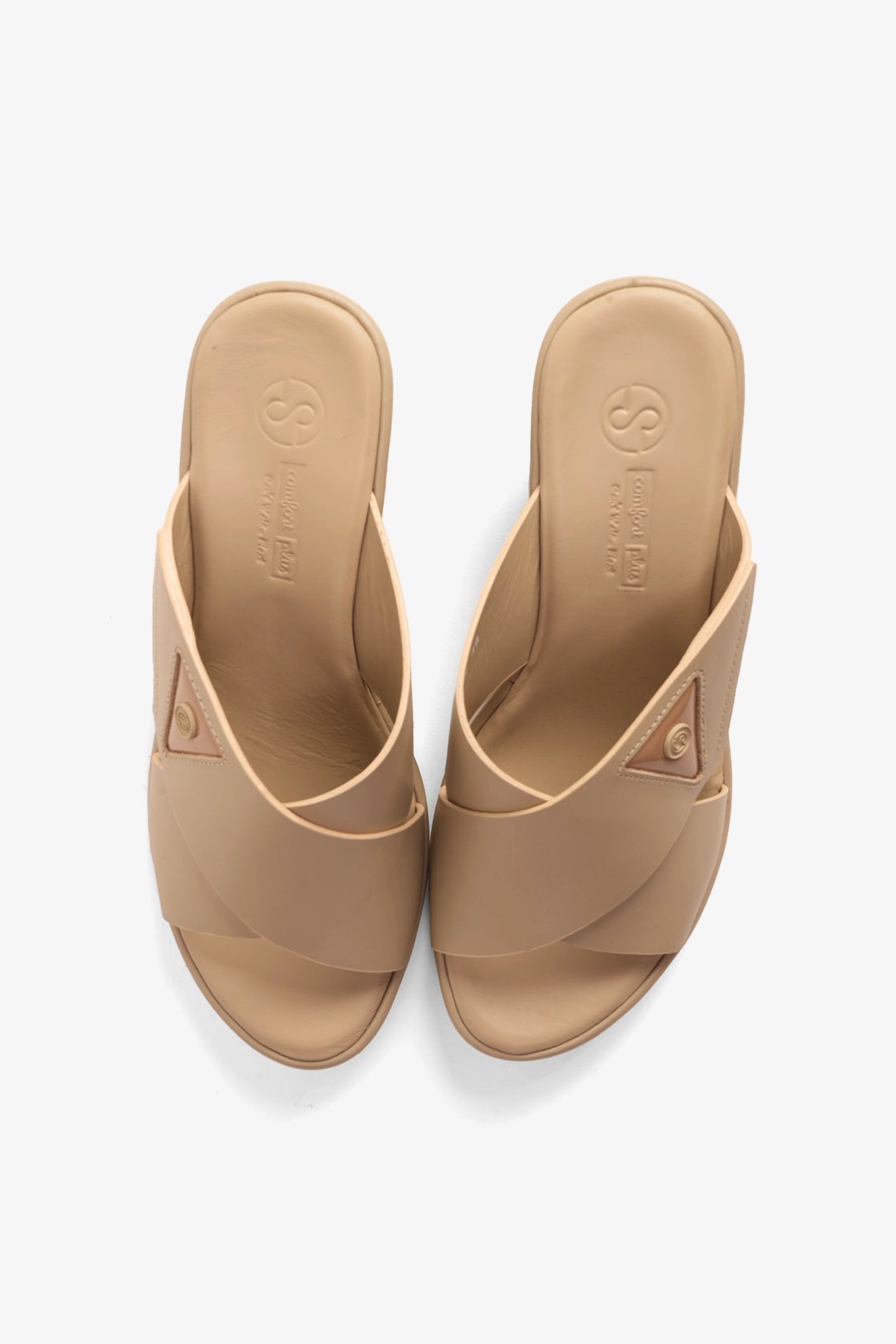 COMFORT PLUS LEATHER CROSS-STRAP WOMENS SLIDE SANDALS BEIGE - Seventy7