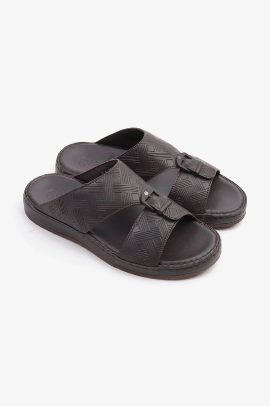 COMFORT PLUS EMBOSSED LEATHER HANDSTITCHED ARABIC SANDALS BROWN - Seventy7