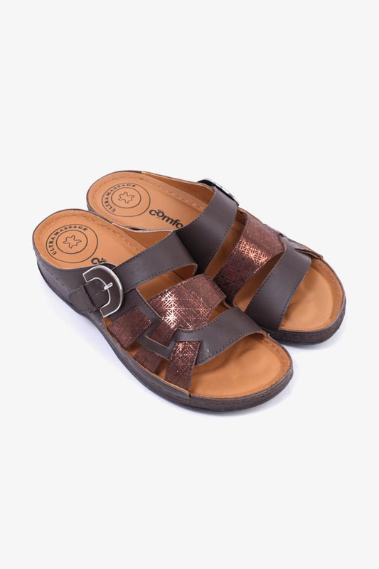 Comfort Plus Stylish and Comfortable Double Buckle Sandals Brown - Seventy7