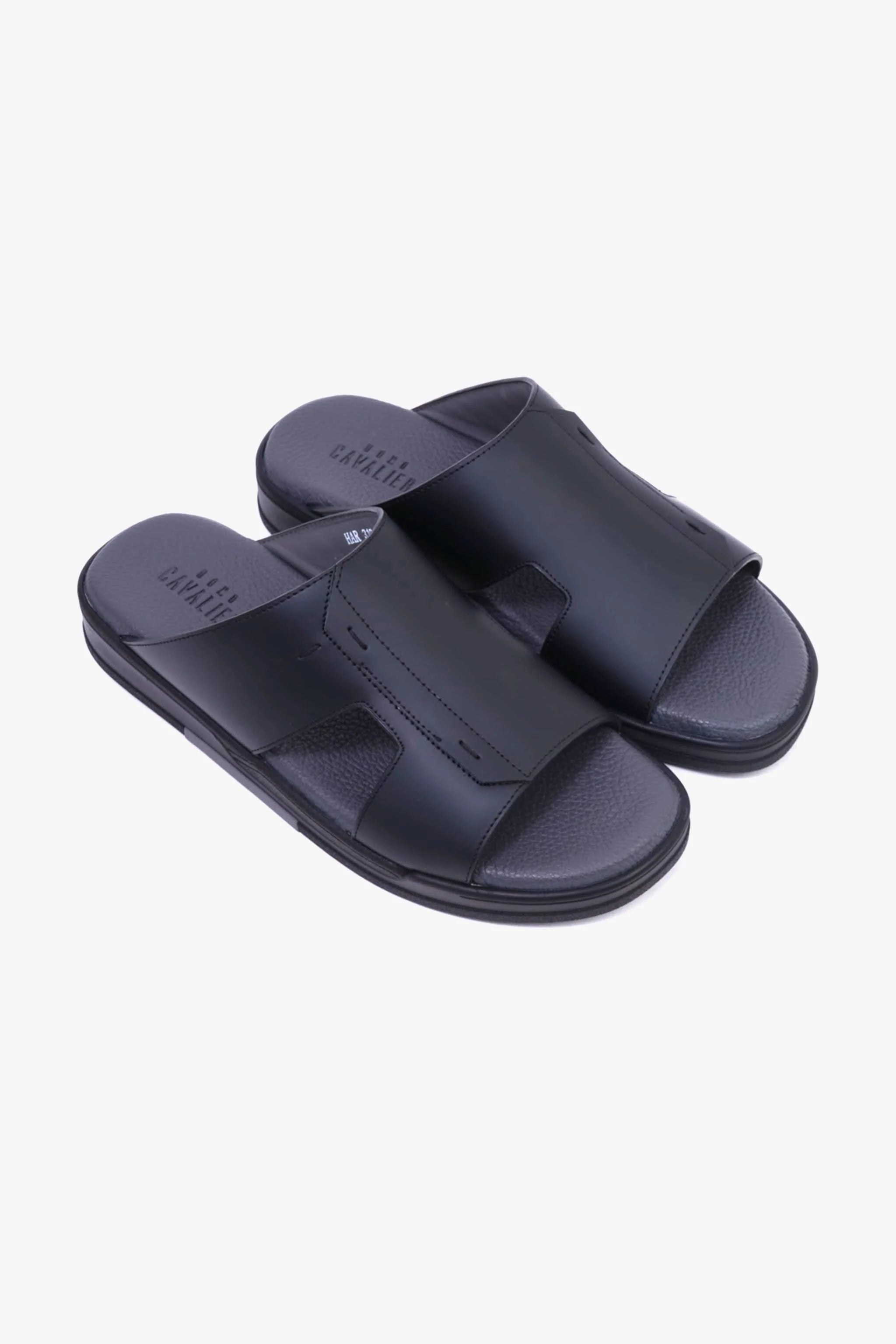 UOMO CAVALIER Men's Leather Slide Sandals with Cushioned Footbed Black - Seventy7