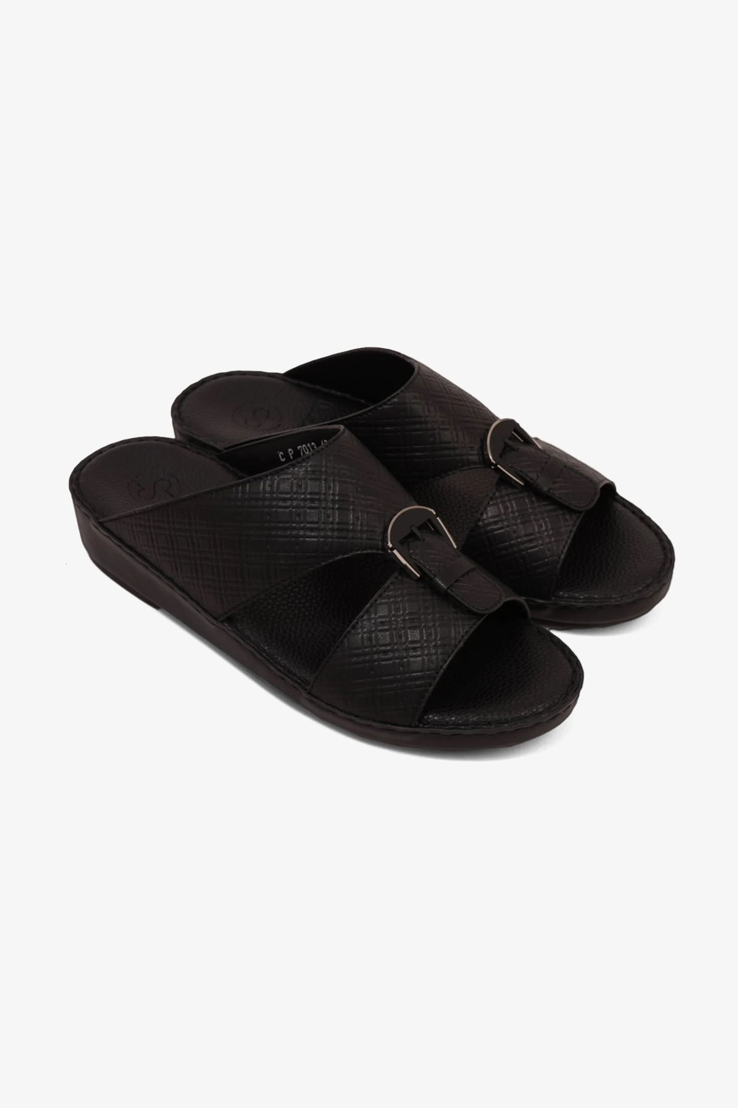 COMFORT PLUS MEN'S CUSHIONED LEATHER SLIP-ON SANDALS BLACK - Seventy7
