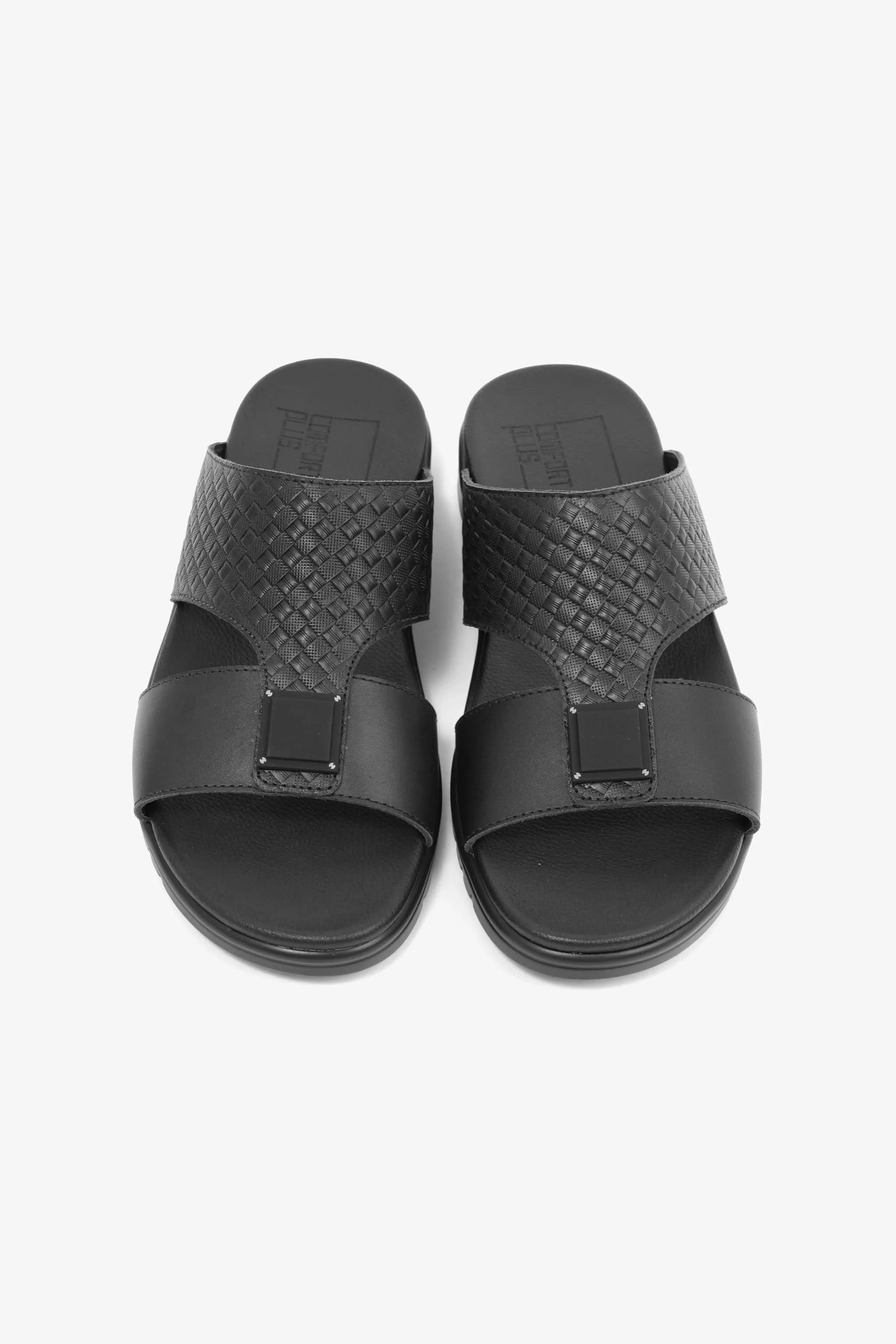 Comfort Plus Men's Embossed Leather Sandals with Antiskid Grip Black - Seventy7