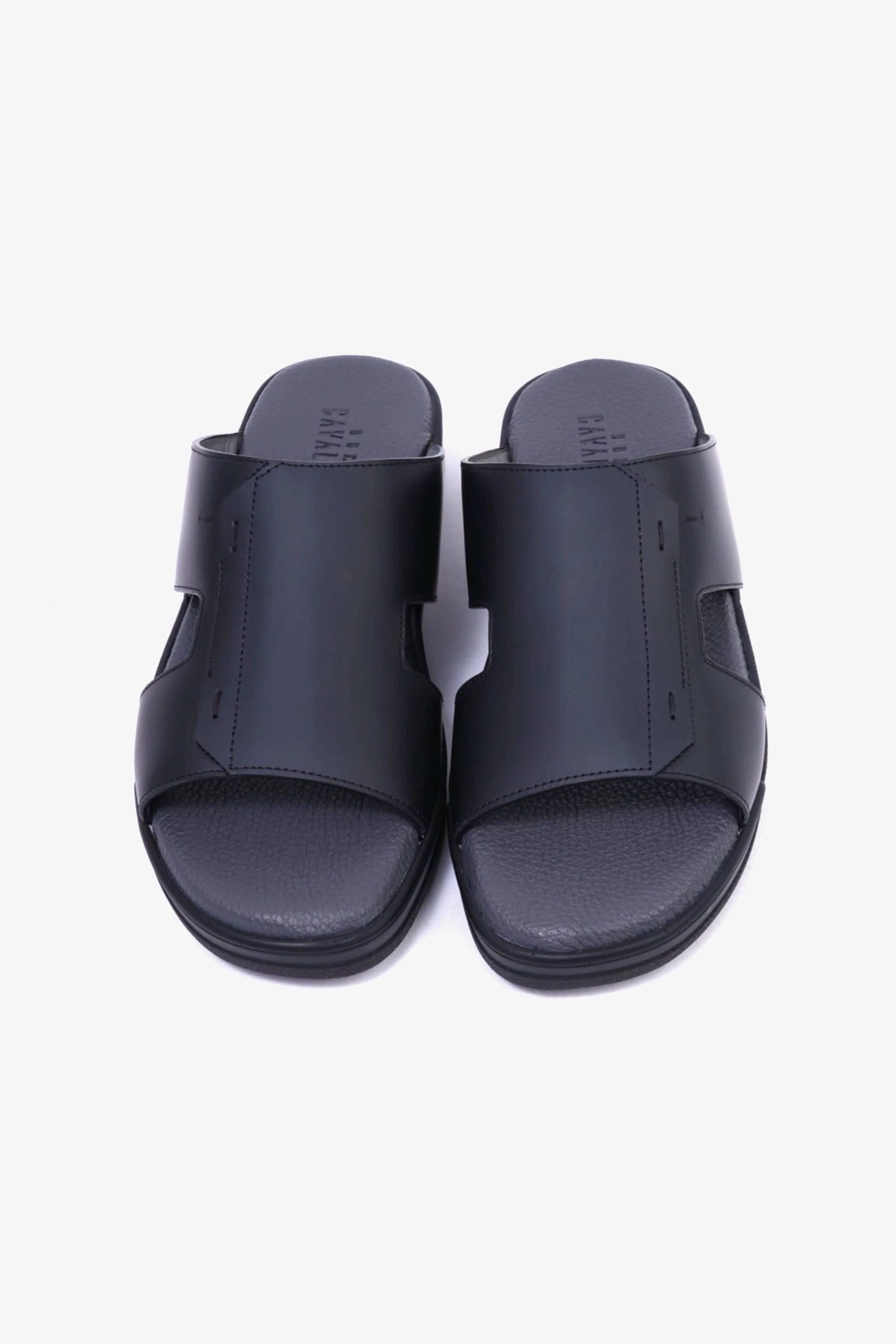 UOMO CAVALIER Men's Leather Slide Sandals with Cushioned Footbed Black - Seventy7