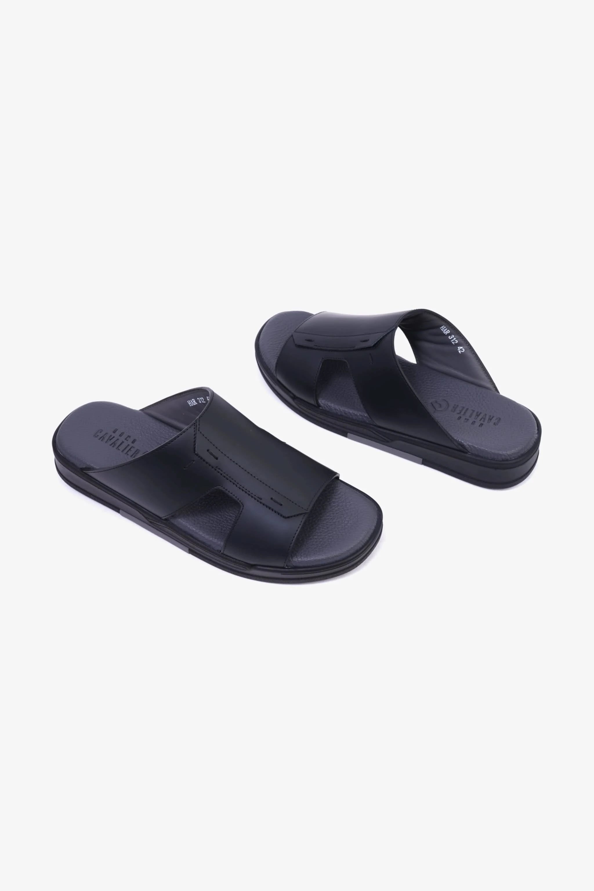 UOMO CAVALIER Men's Leather Slide Sandals with Cushioned Footbed Black - Seventy7