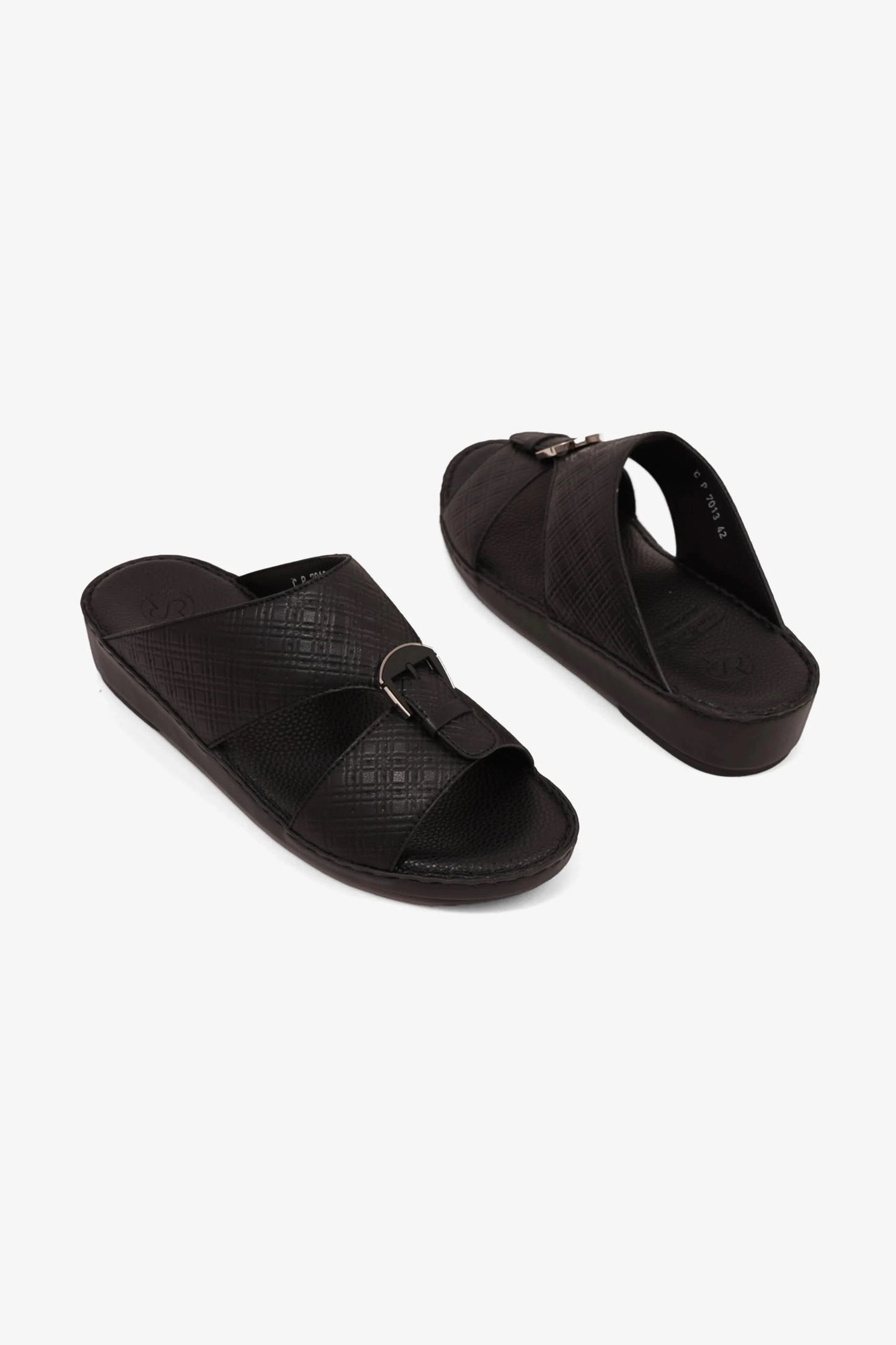COMFORT PLUS MEN'S CUSHIONED LEATHER SLIP-ON SANDALS BLACK - Seventy7