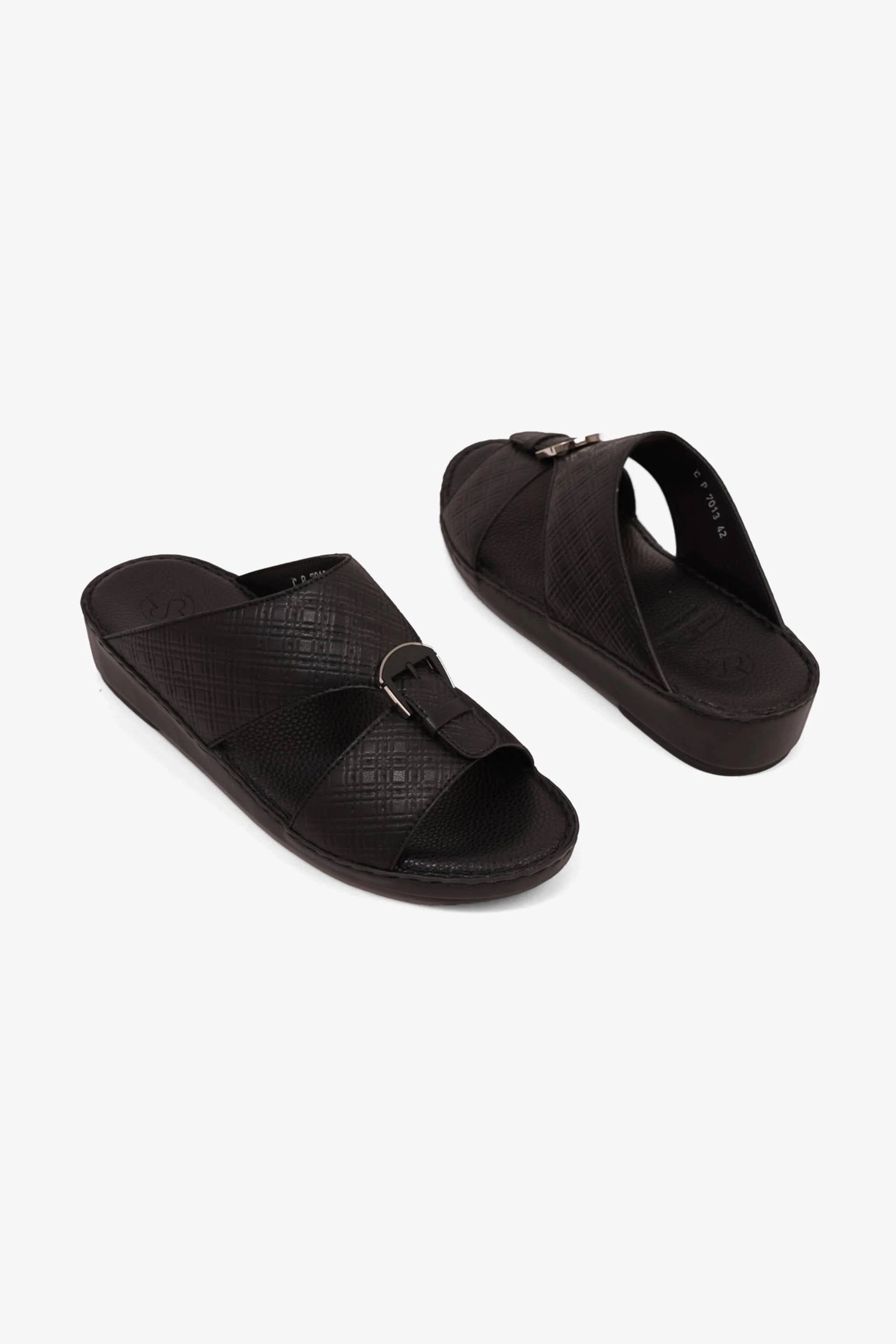 COMFORT PLUS MEN'S CUSHIONED LEATHER SLIP-ON SANDALS BLACK - Seventy7