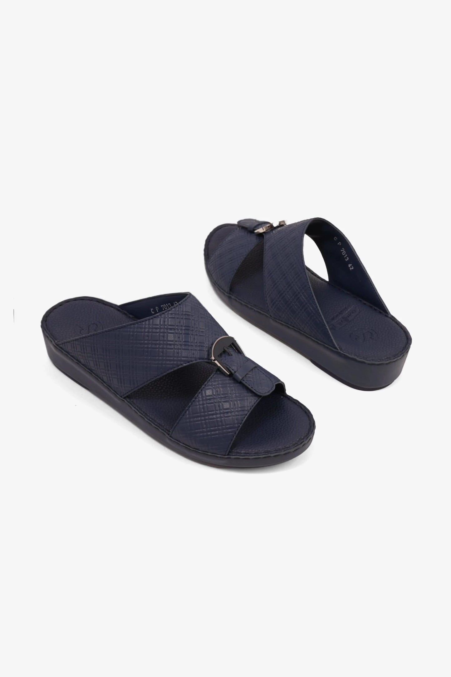 COMFORT PLUS MEN'S CUSHIONED LEATHER SLIP-ON SANDALS NAVY - Seventy7