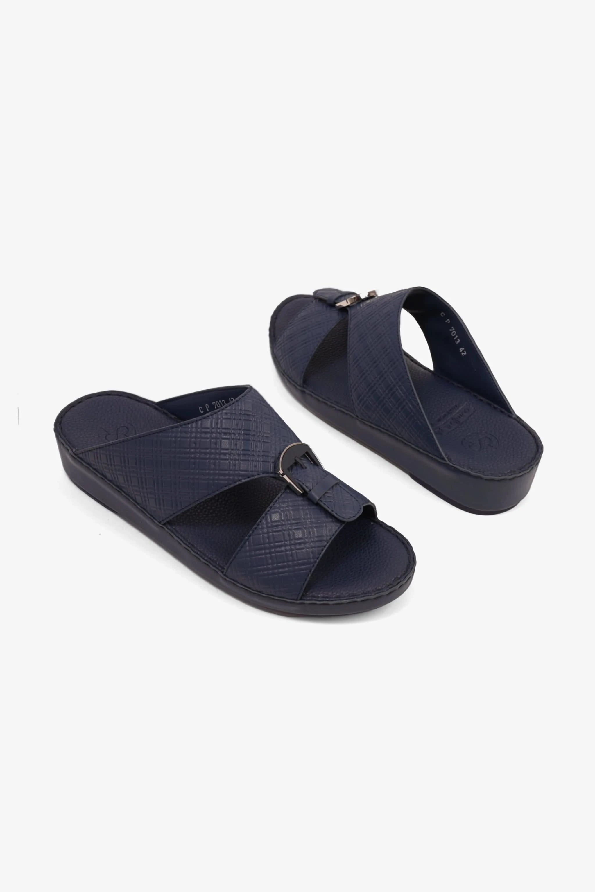 COMFORT PLUS MEN'S CUSHIONED LEATHER SLIP-ON SANDALS NAVY - Seventy7