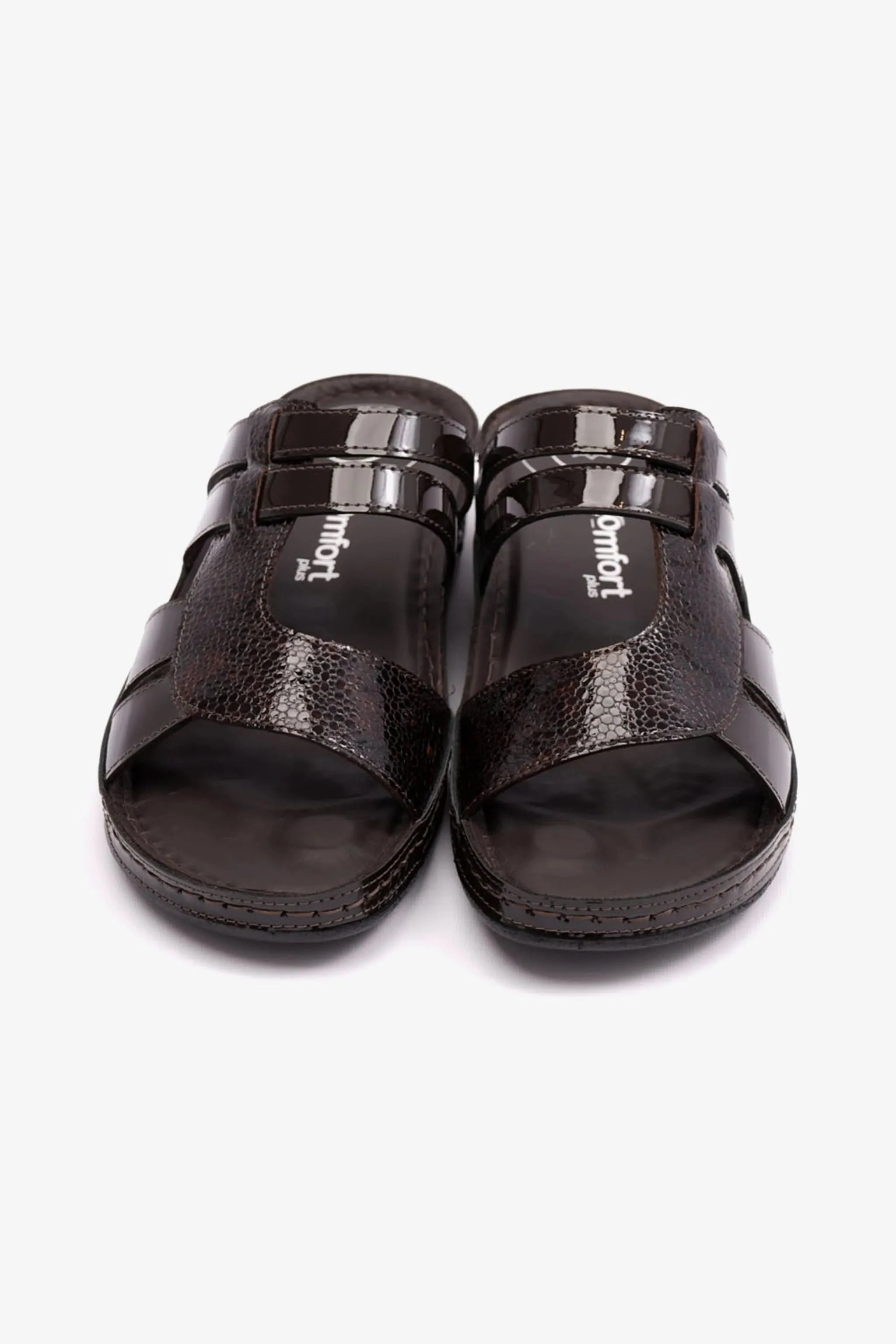 COMFORT PLUS WOMENS CROCO PRINT SANDALS BROWN - Seventy7