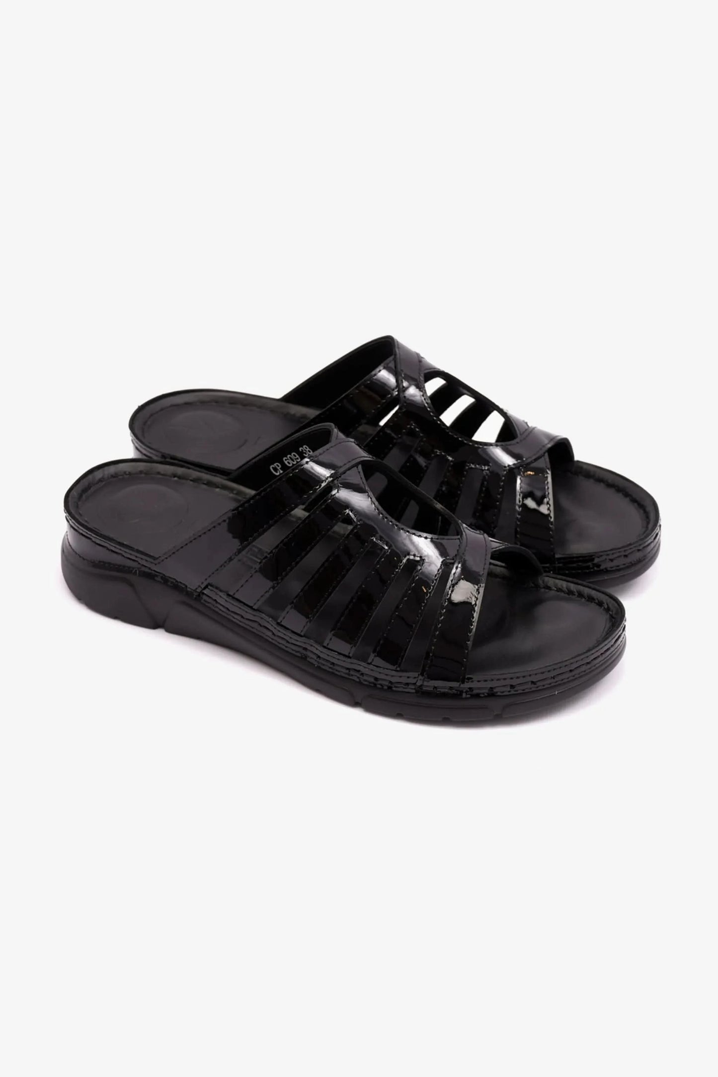 PATENT LEATHER WOMENS COMFORT PLUS SANDALS BLACK - Seventy7