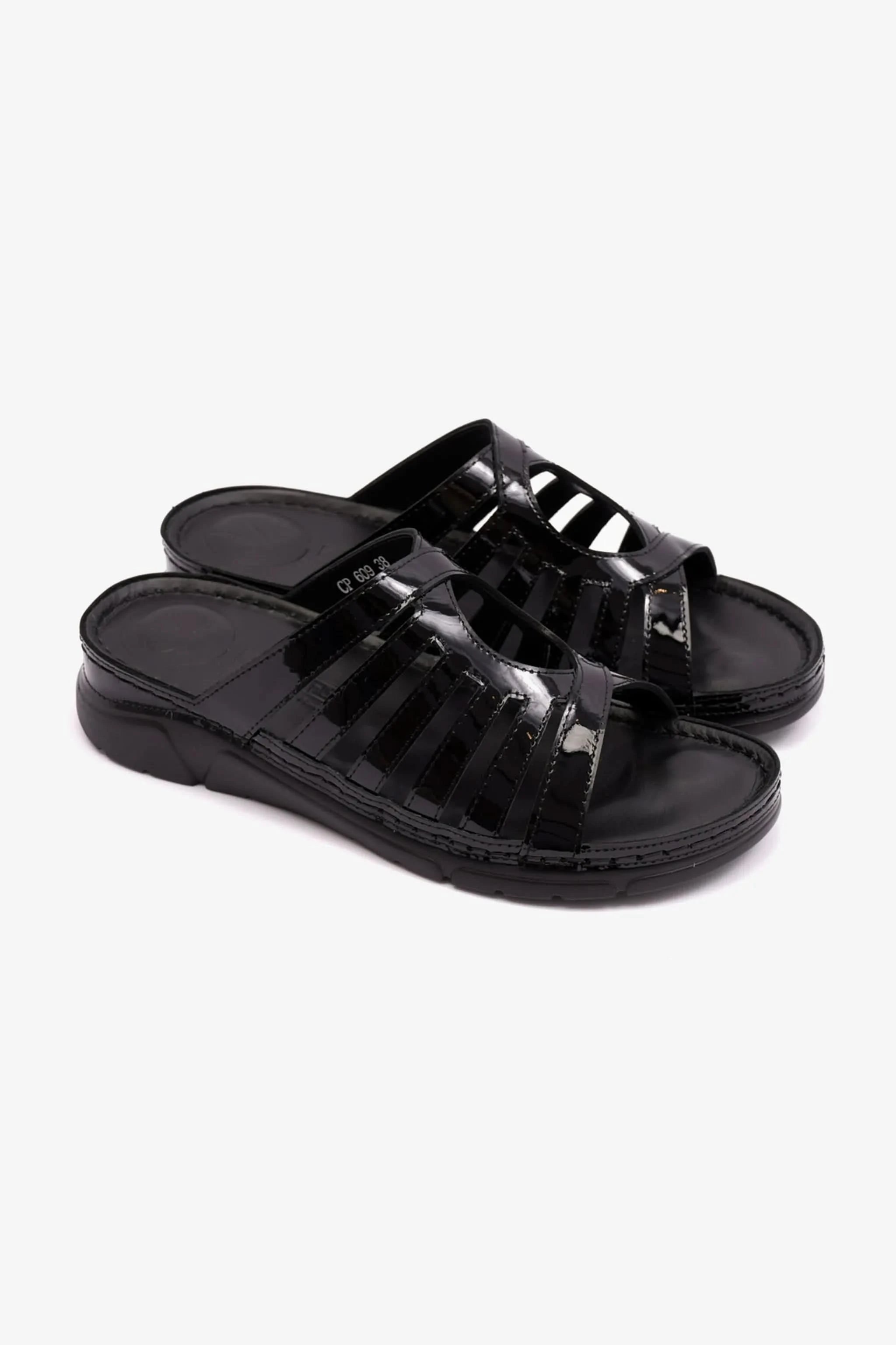 PATENT LEATHER WOMENS COMFORT PLUS SANDALS BLACK - Seventy7