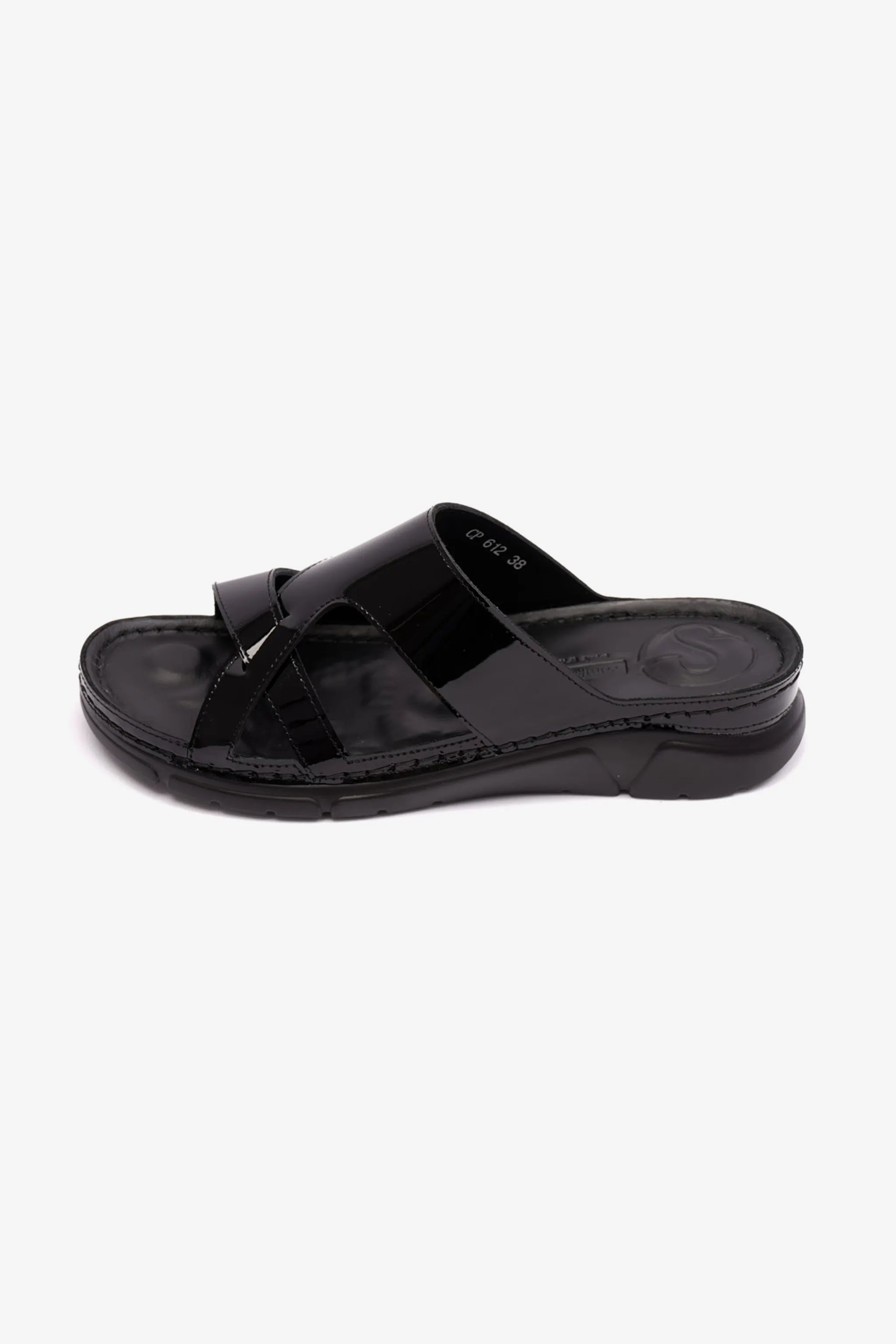 WOMENS PATENT LEATHER COMFORT PLUS SANDALS BLACK - Seventy7