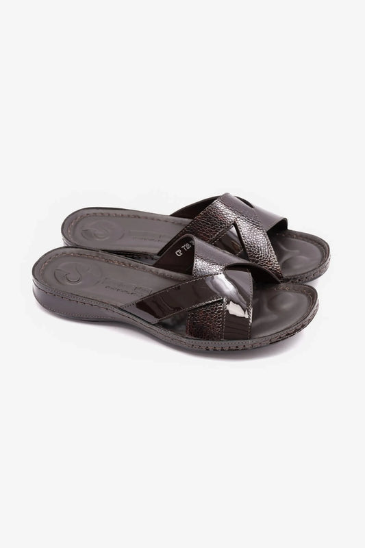 COMFORT PLUS SOFT FOOTBED PATENT LEATHER WOMENS SANDAL BROWN - Seventy7
